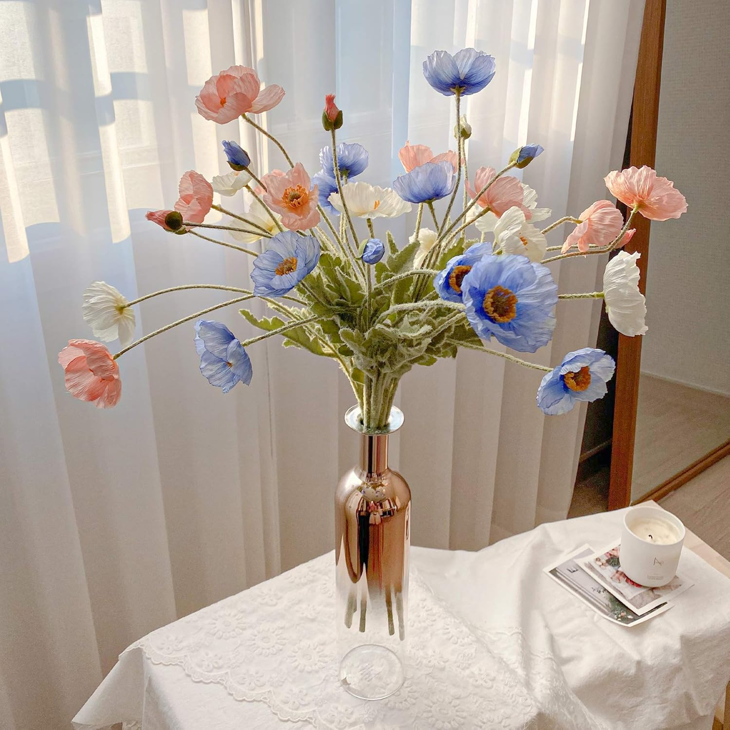 Kamang Artificial Poppy Blue Silk Flowers (3 Stems) for Home Decor, DIY Bouquet, Wedding. Real Touch Blue Silk Flower, Artificial Plants Poppy Blue Flowers Table Centerpiece (Himalayan Blue) - Apricot Coral image number 3