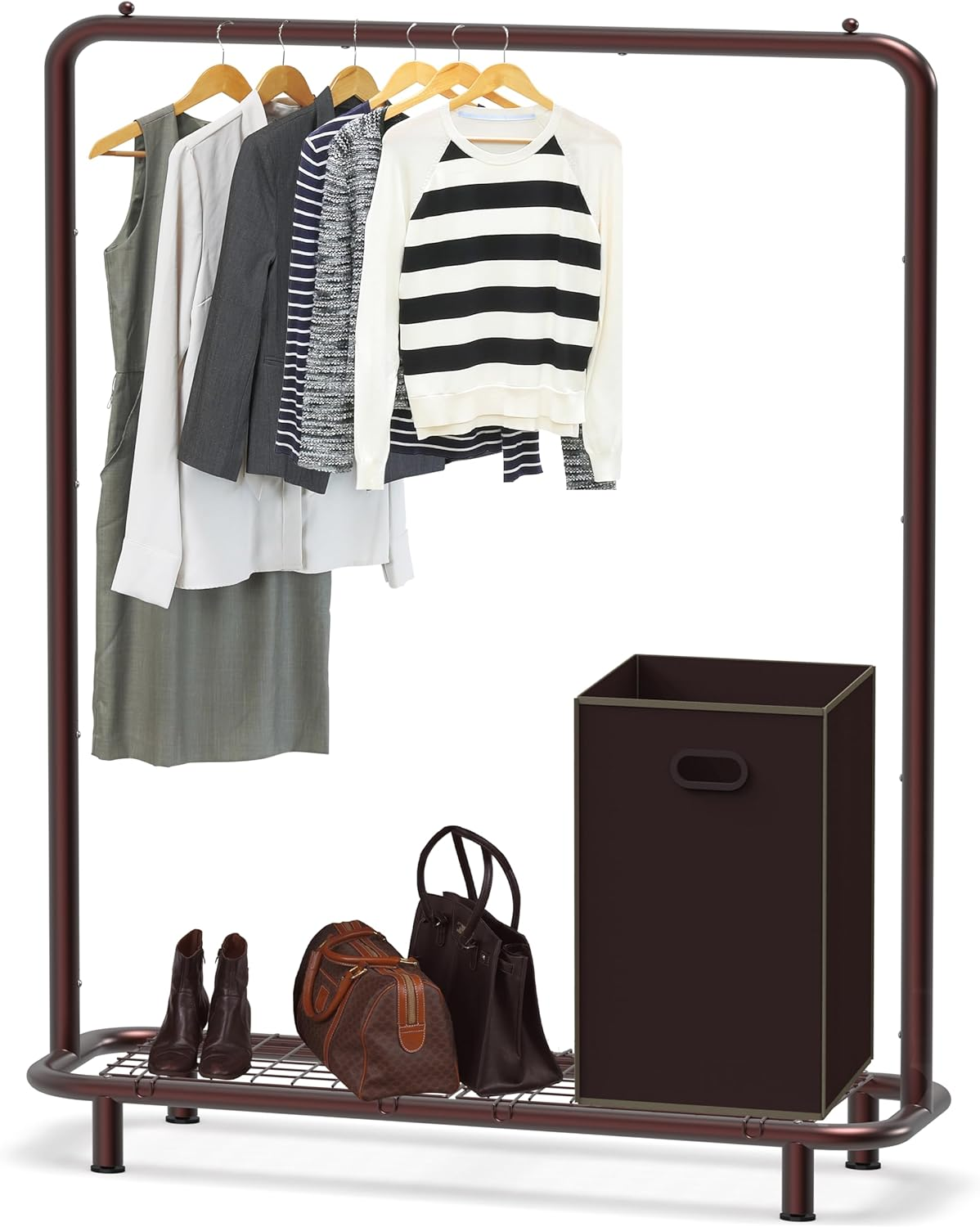 Simple Houseware 100-Cm Double Rod Clothes Rack with Wheels, Hooks and Wired Shelf, Black