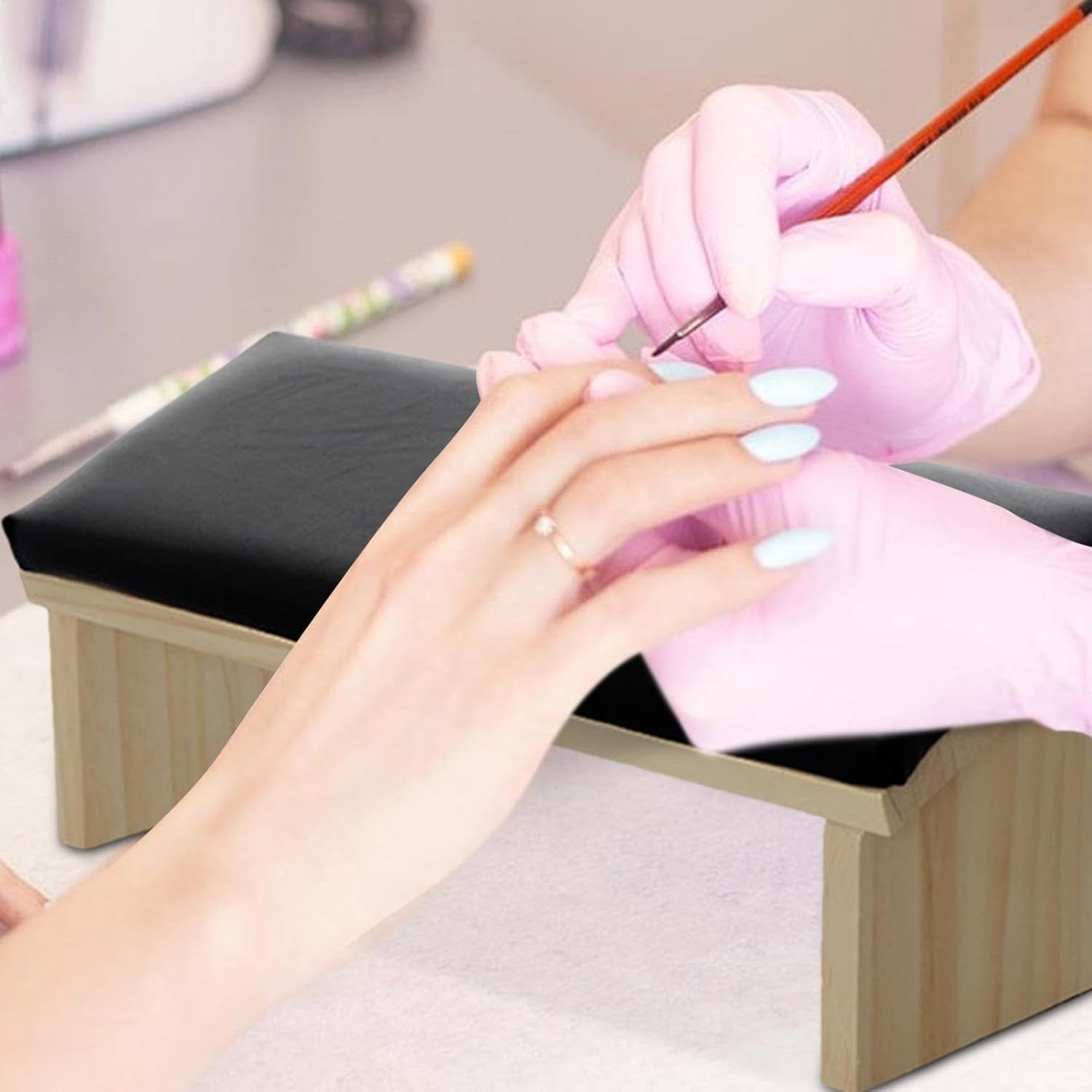 Generic Inclined Armrest Cushion - Wooden PU Leather Armrest with Beveled Design for Nail Technicians | Comfortable Nail Polish Armrest | Sturdy Stand For, LUN image number 1