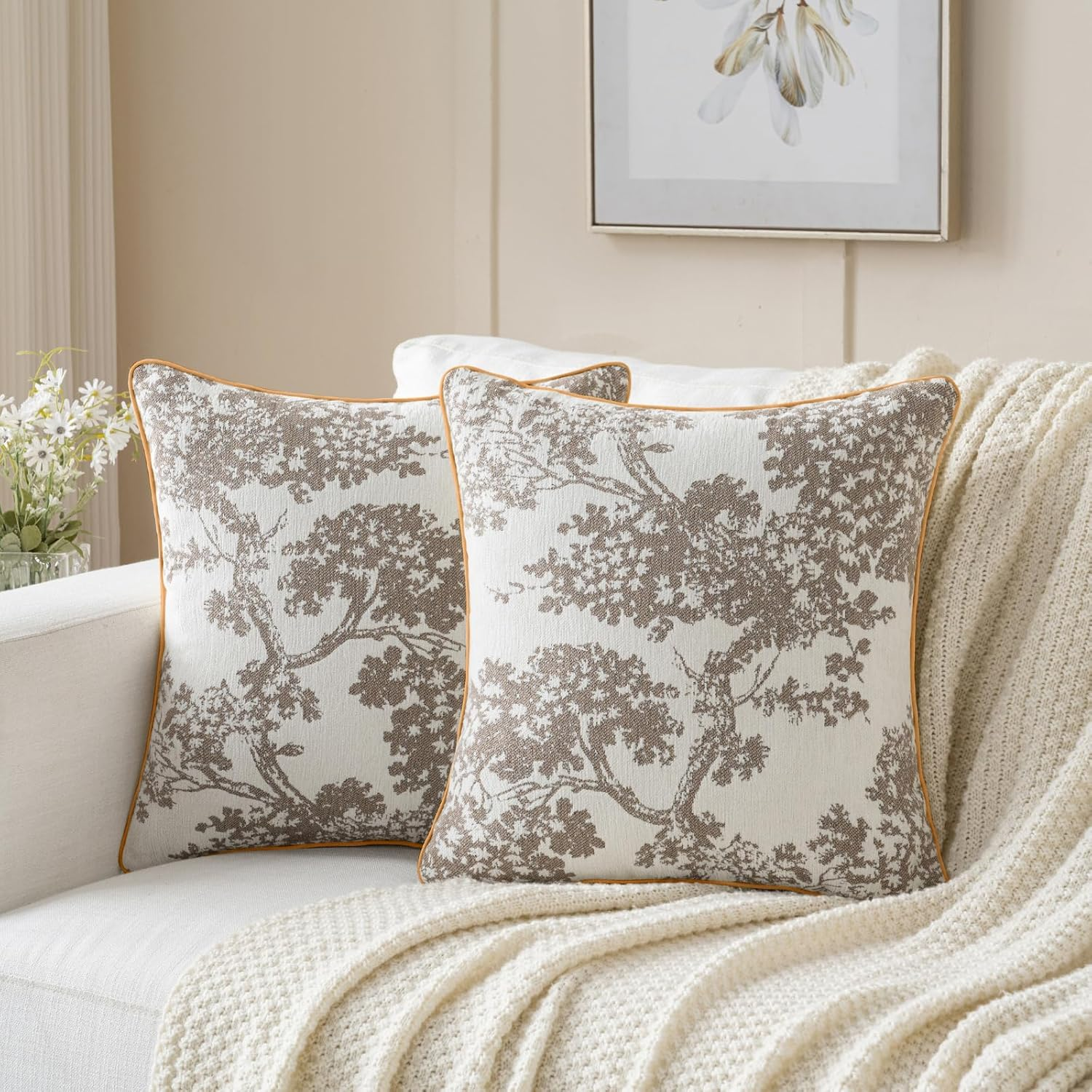 Floral Throw Pillow Covers 45X45 Cm Set of 2 Taupe and White Decorative Pillow Covers for Couch Bed Living Room William Morris Luxury Chenille Jacquard Pillow Cases image number 1