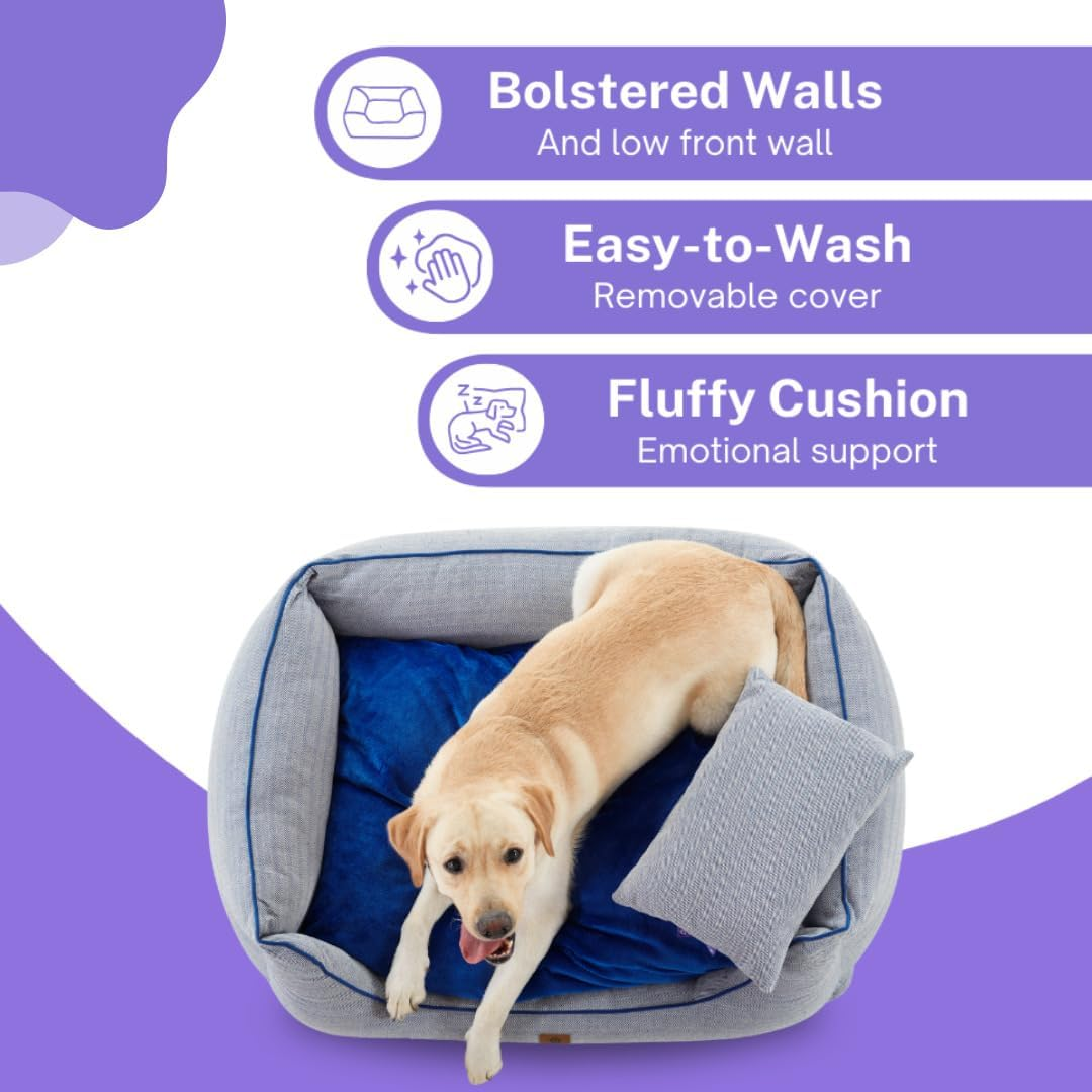 Charlie'S Hampton Herringbone Bolstered Walls & Low Front Wall 3-Piece Set with Bed, Pillow & Blanket 100% Recycled Polyester Filling Dog Bed Easy-To-Wash Removable Cover Blue - Small image number 2