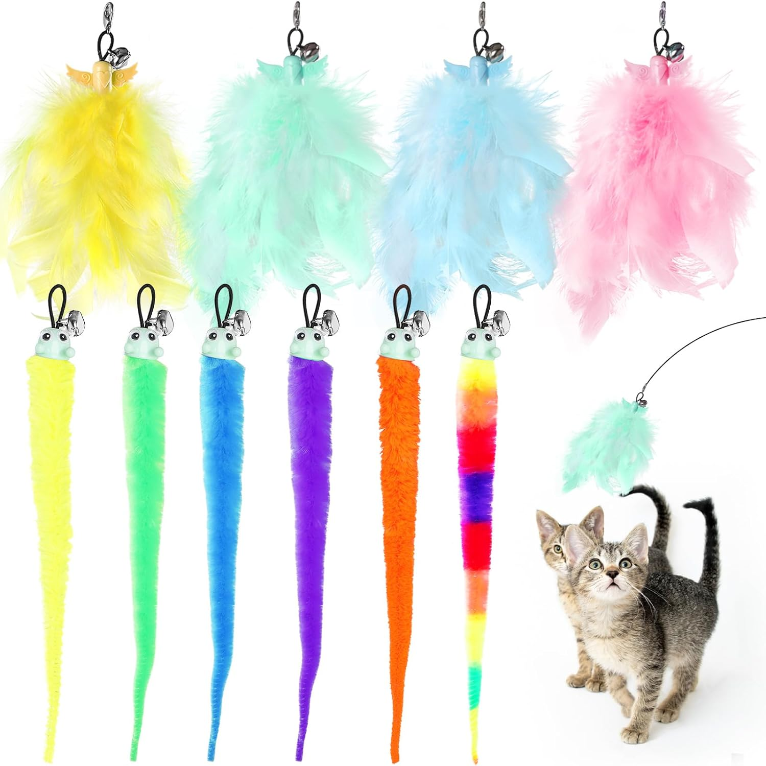 Hianjoo 10PCS Teaser Cat Toy, Replacement Teaser, 6 Pieces Cat Worms Refill and 4 Pieces Feather Toy with Bell, Interactive Catcher Teaser for Kitten or Cats