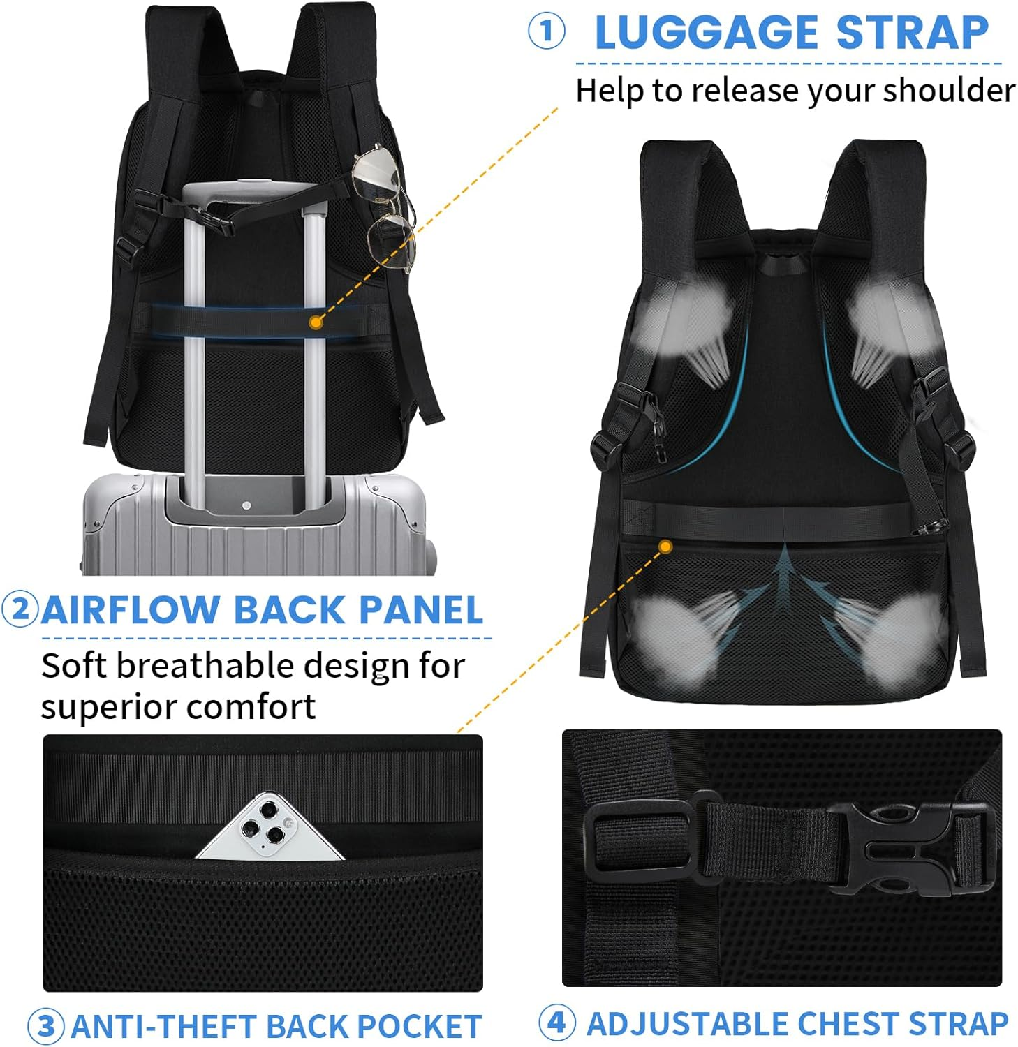 Travel Backpack Laptop Backpack 15.6 Inch Waterproof Large Computer Bag Work Business College Backpack Bookbag for Men Women TSA Friendly Carry on Backpack with USB Hole, Black image number 2