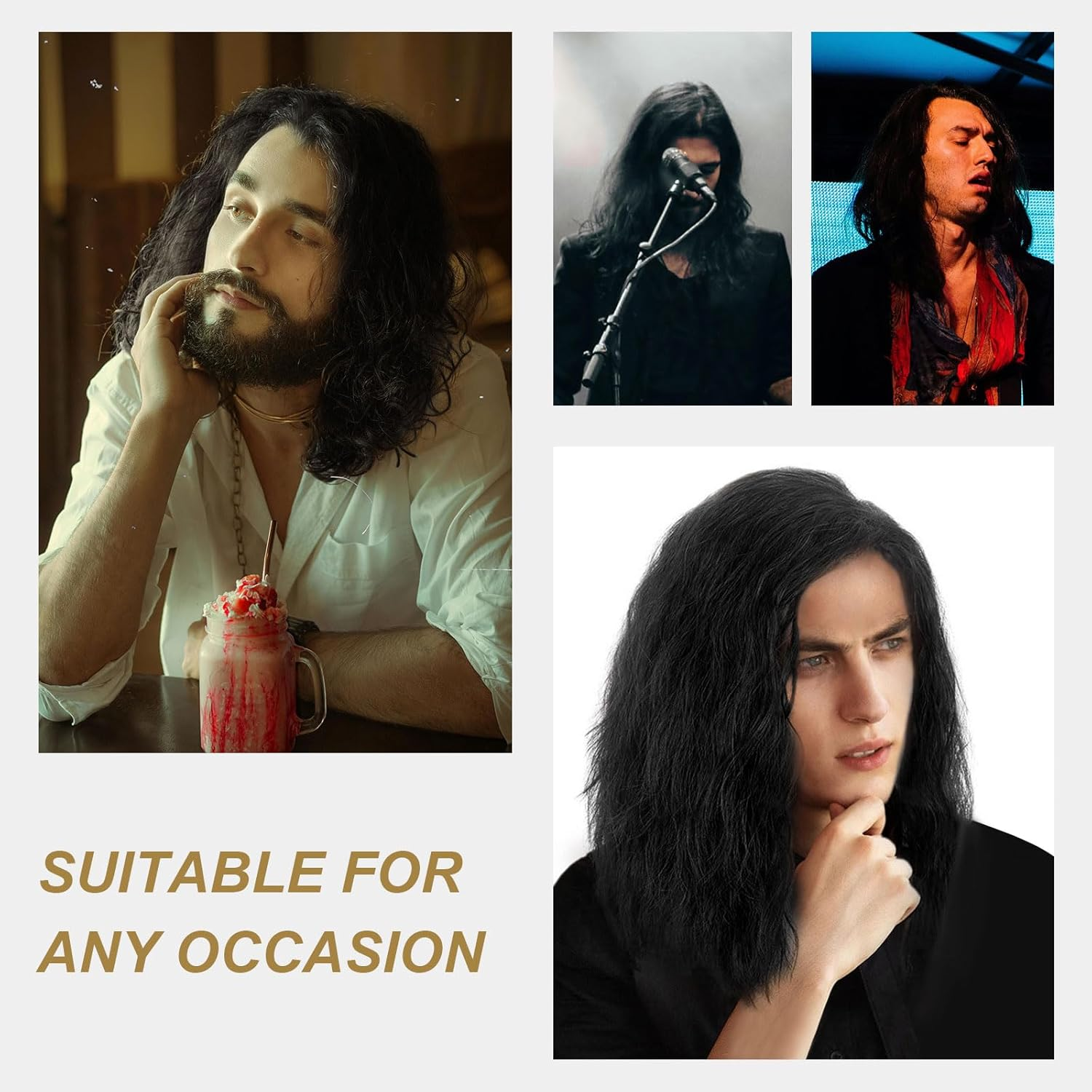 TSHAOUN Mens Long Black Wig, 16Inch Mid Length Mens Curly Hair Wig for Adults, 70S 80S Fancy Dress Party Wigs for Costume Cosplay Halloween (Black) image number 2