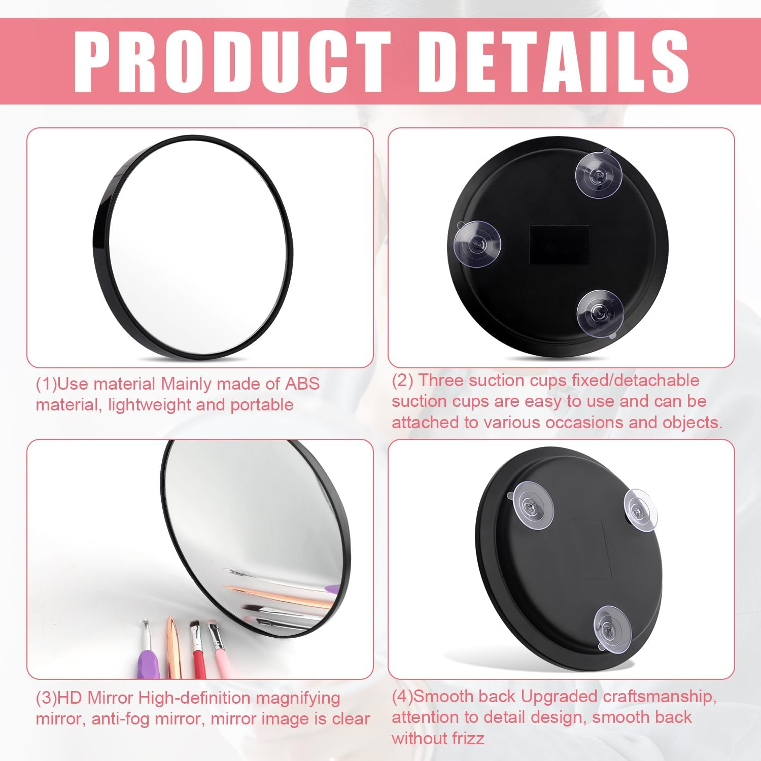 NQEUEPN 30X Magnifying Mirror, 6 Inch Portable Black Magnifying Mirror with Suction Cups and Tweezers Makeup for Bathroom Travel Wall image number 4