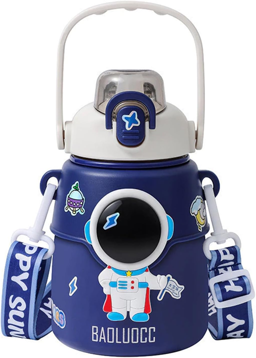 Outer Space Kids Water Bottle &ndash; 850Ml Leakproof Stainless Steel Thermos with Straw Lid, Strap & Stickers &ndash; Insulated Double Wall Bottle Keeps Drinks Cold 24H / Hot 12H for School & Travel - Blue