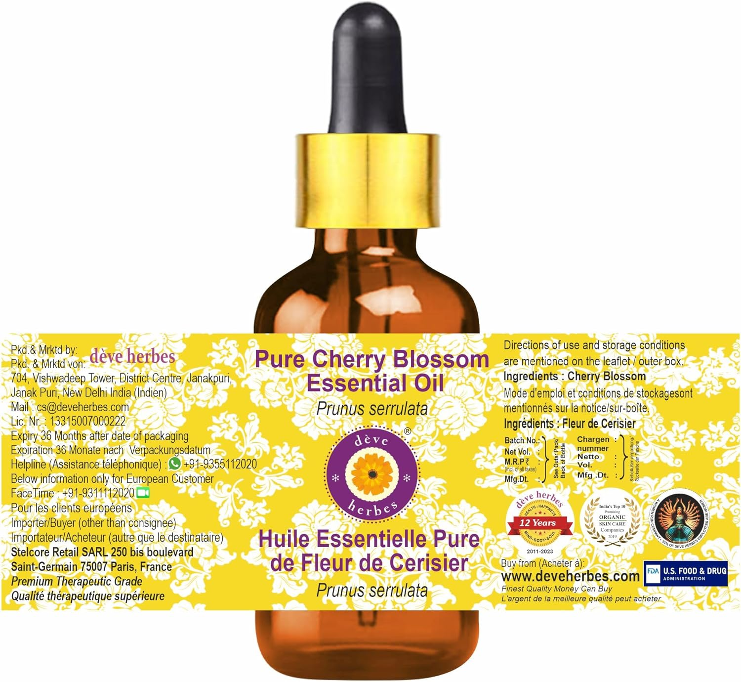 Deve Herbes Pure Cherry Blossom Essential Oil (Prunus Serrulata) with Glass Dropper Steam Distilled 15Ml image number 4