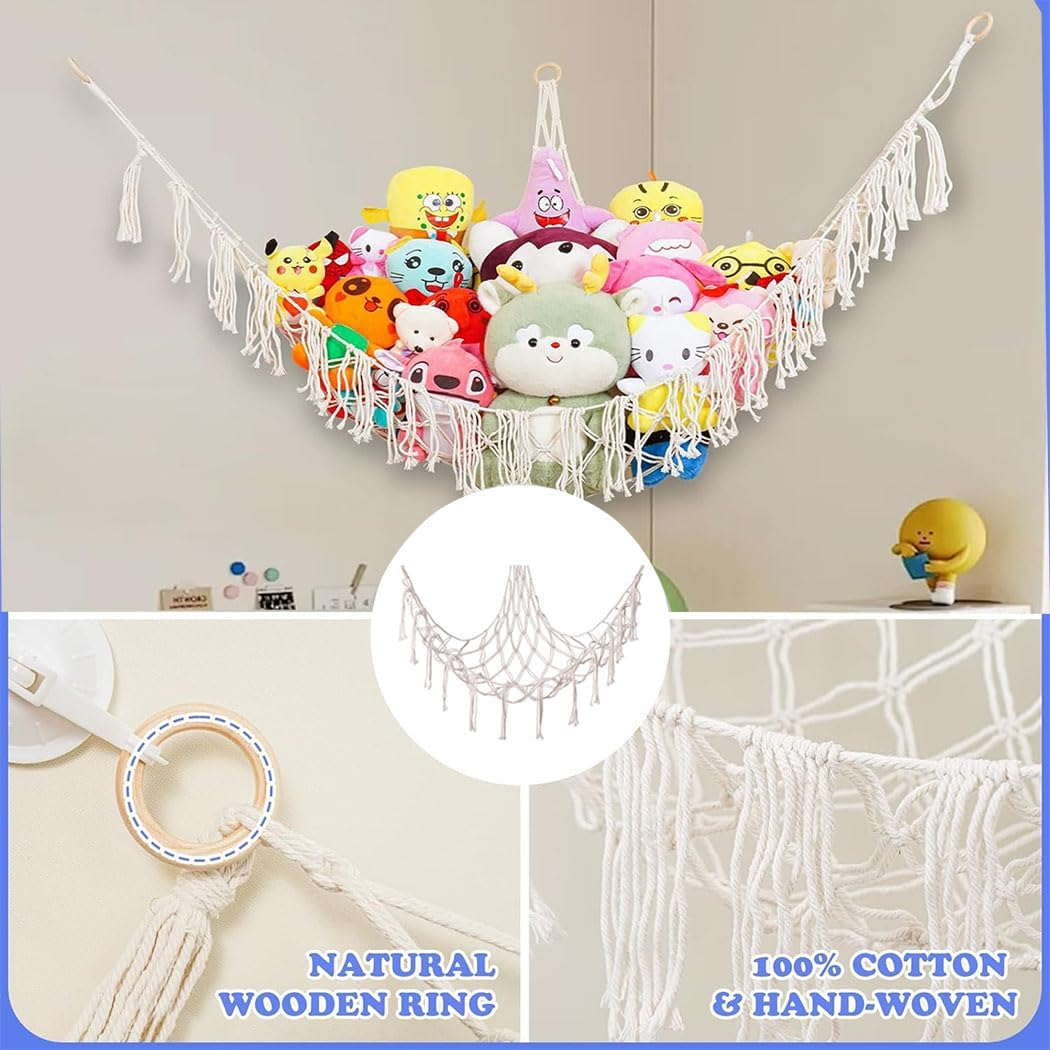 Idopick 2 Pack Stuffed Animal Hammock Net,Toy Storage Hammock for Stuff Animals, Stuffed Animal Organizer Holder with Tassel-Corner Hanging Net for for Nursery Kids Girls Room Decor image number 5