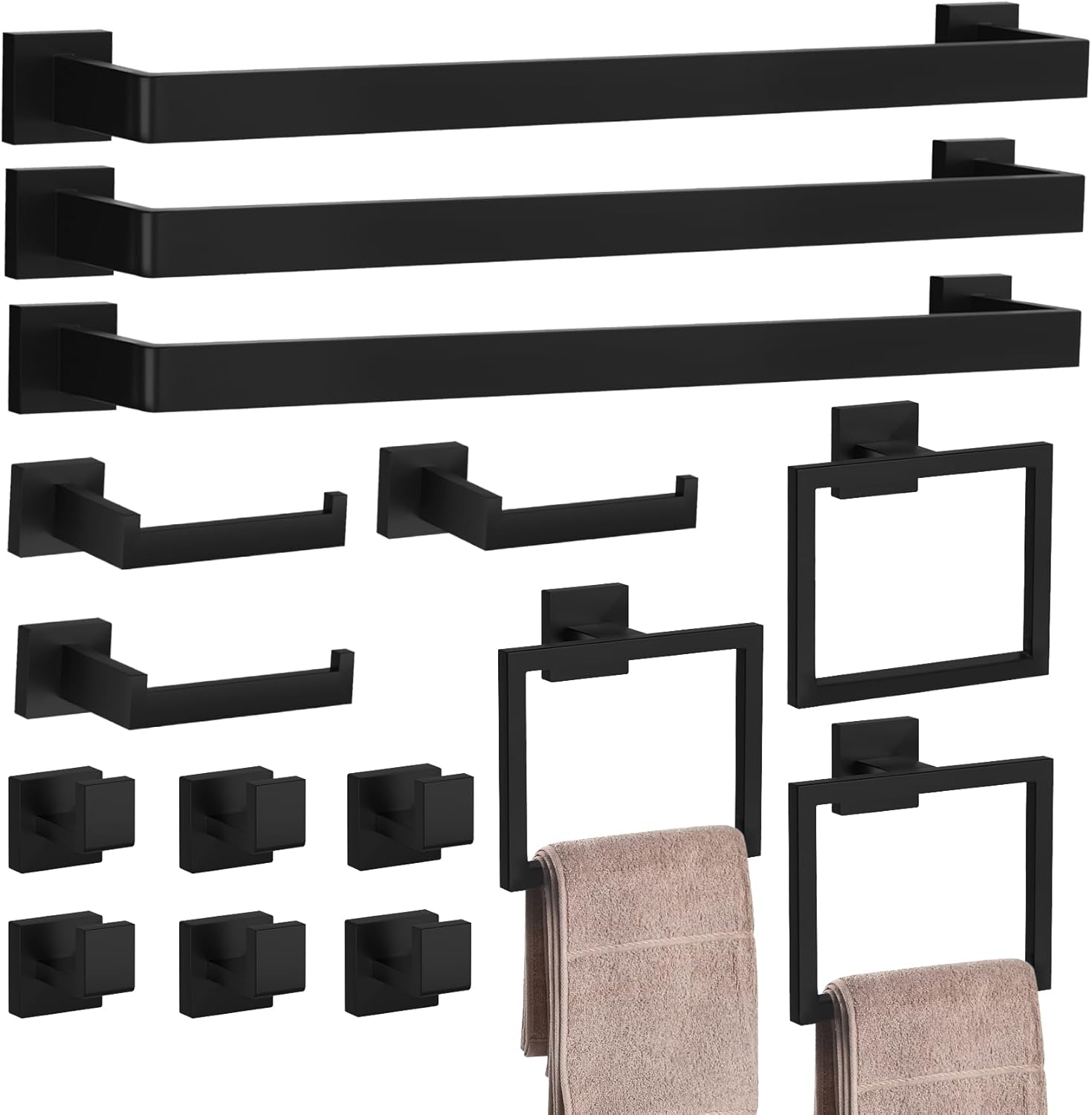 15-Pieces Matte Black Bathroom Accessories Set, 23.6 Inch Bath Towel Bar Set, SUS 304 Stainless Steel Bathroom Hardware Set, Towel Racks for Bathroom Wall Mounted image number 6
