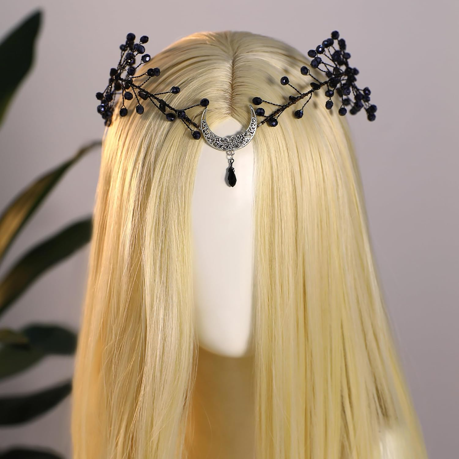 MOSTORY Moon Fairy Crown Tiara for Women, Gothic Black Crystal Elf Crown Headband for Renfaire Halloween Cosplay image number 2