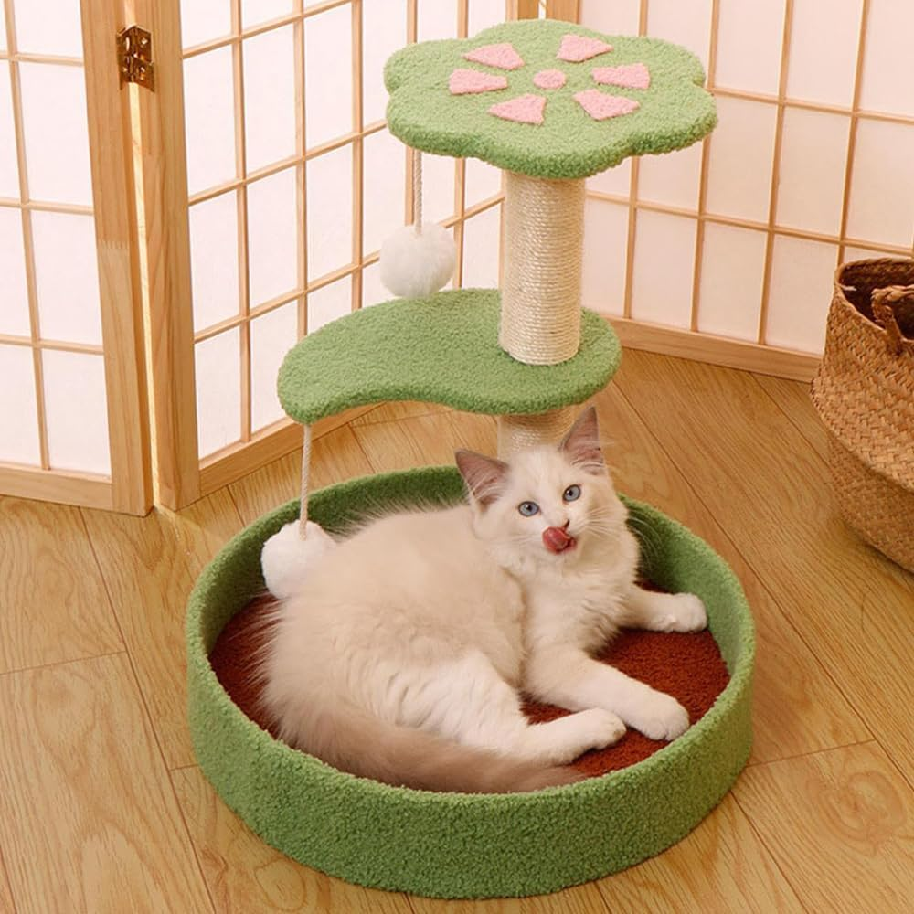 3 Tiers Cat Activity Tree, Cat Scratching Board, Integrated Vertical Cat Column, Kitty Tower with Sisal Scratching Post, Cat Furniture Suitable for Playing and Exercise (Green, 40 * 40 * 43 CM) ﻿ image number 2