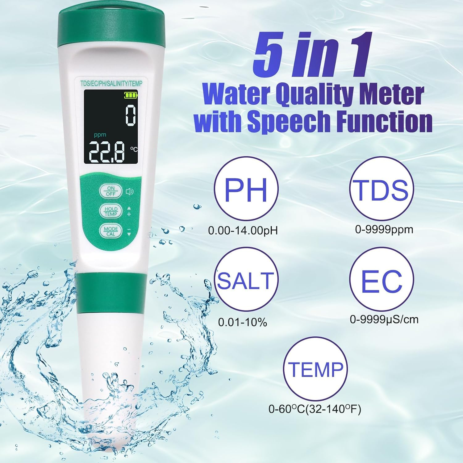 OBEST Water Tester 5-In-1,Tds Meter Digital Water Tester with Voice Function,Acid/Alkaline Ph Meter,Ec Water Tester for Drinking Water, Pool Salt Tester,Multifunctional Thermometer,400 Mah Battery image number 6