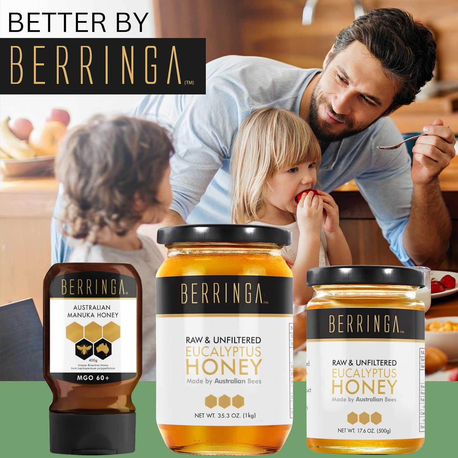 Berringa Certified Eucalyptus Honey 1KG - Australian Raw Honey | Unfiltered | 100% Pure Genuine Locally Sourced | Cold Extracted | Non-Gmo Superfood | Gluten Free Food | Bulk | Glass Jar image number 3