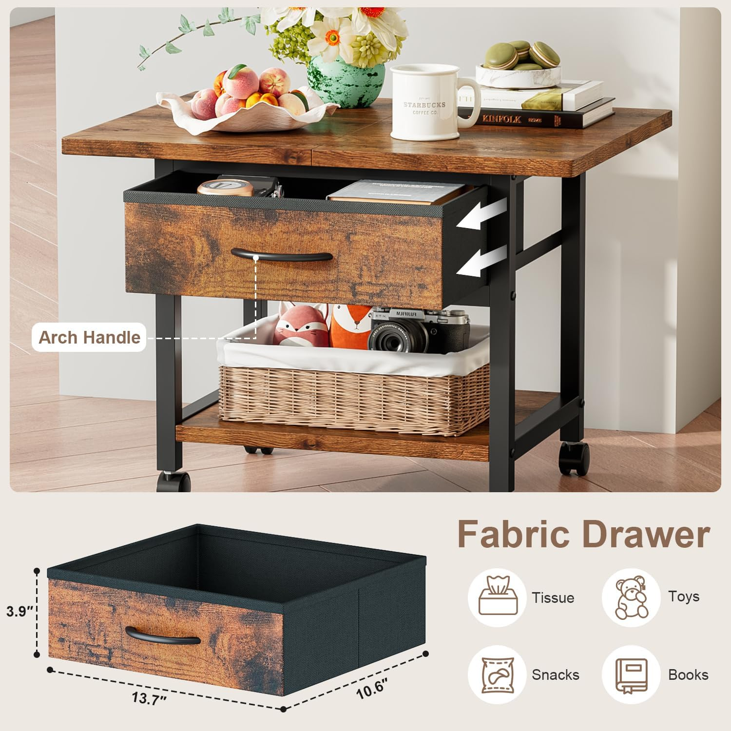 Huaniun 2 Tier Desktop Printer Stand with Storage Drawer, under Desk Printer Table, Multi-Purpose Desk Organizer Storage Shelf, Desktop Office Shelf with Wheels image number 4