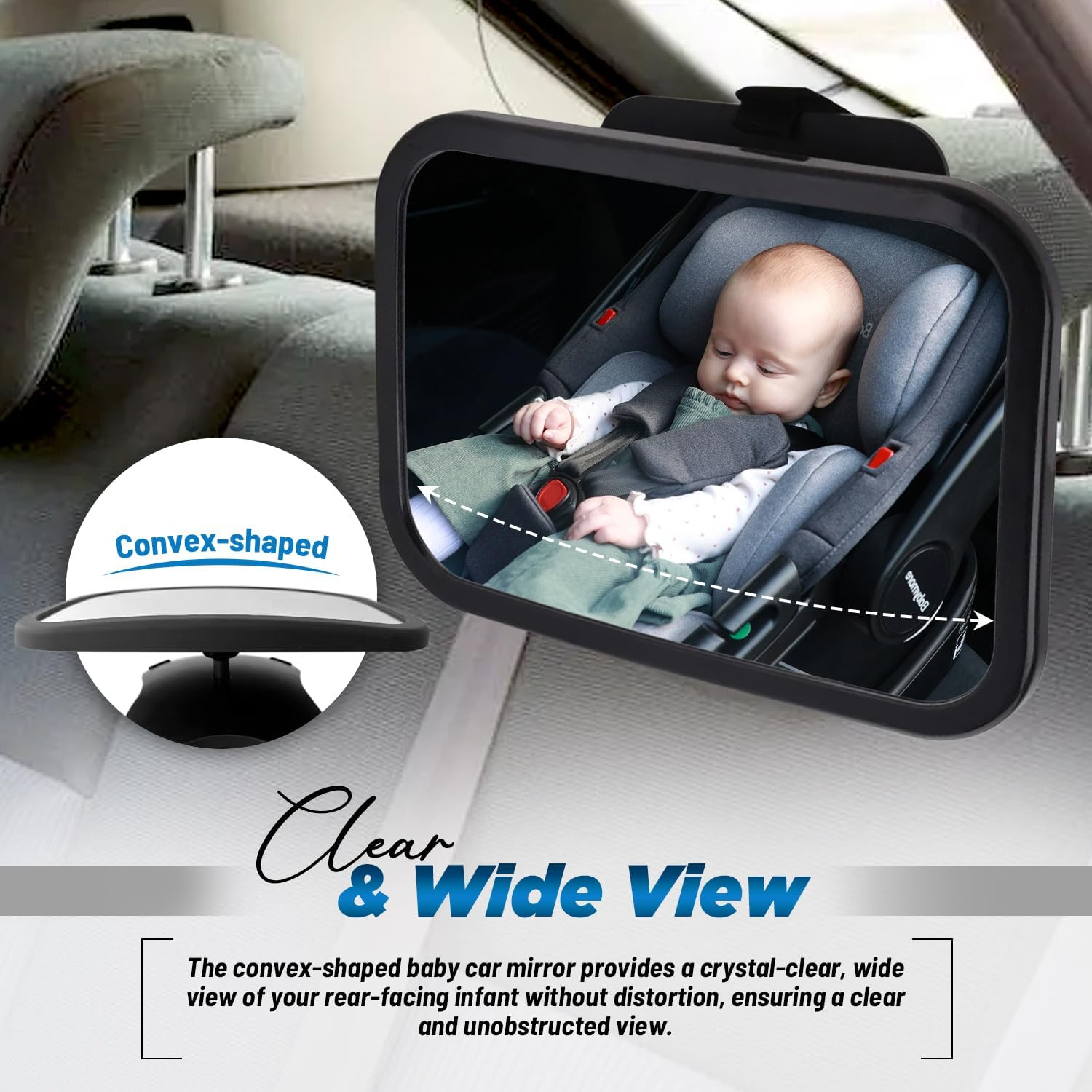 Black Rear View Baby Car Seat Mirror - 360&deg; Rotatable & Adjustable for Clear, Wide View of Rear Facing Infant, Universal Fit, Shatterproof Plastic, Easy Installation with Bonus 'Baby in Car' Sticker