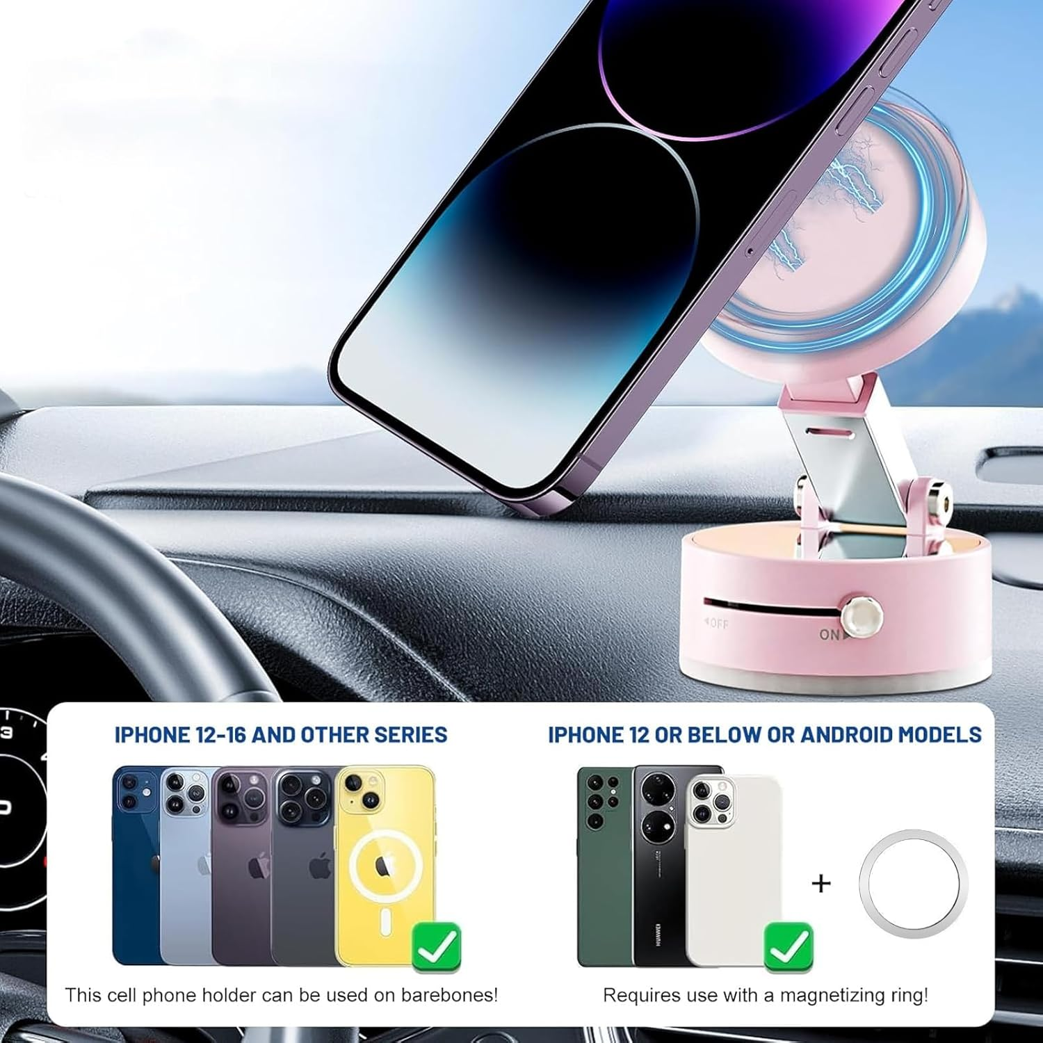 Vacuum Magnetic Phone Holder, 2025 New Foldable & Retractable Car Mount, 360&deg; Adjustable Suction Cup Stand for Iphone 16/15/14/13/12 & Suction Phones, Idea for Car/Mirror/Gym/Smooth Surfaces (Pink) image number 3