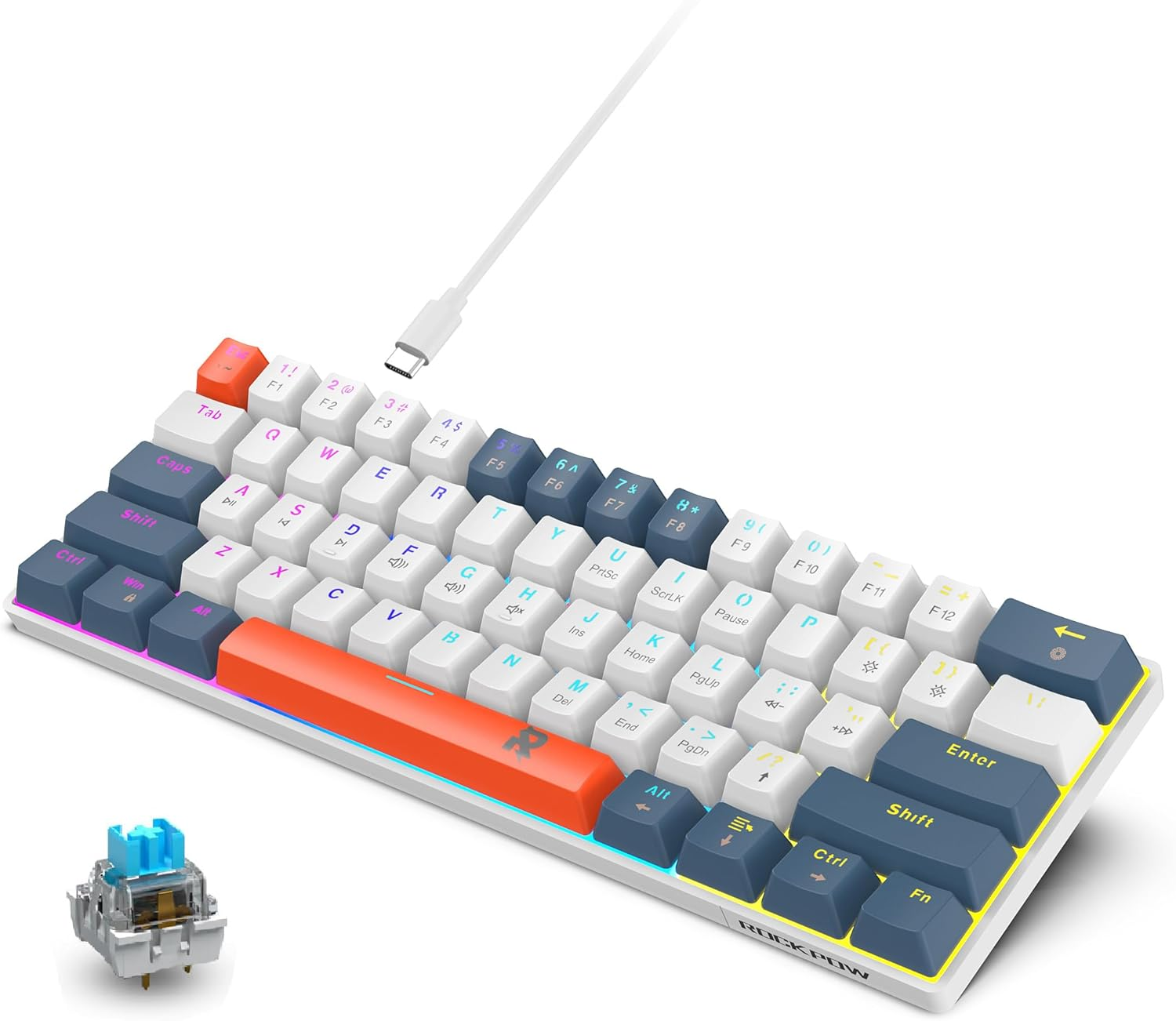ROCK POW 70% Wired Mechanical Gaming Keyboard, 84Keys RGB Backlit Ultra-Compact Mini Keyboard, Waterproof Mini Compact for Pc/Mac Gamer, Typist, Easy Carry on Trip Blue Switch