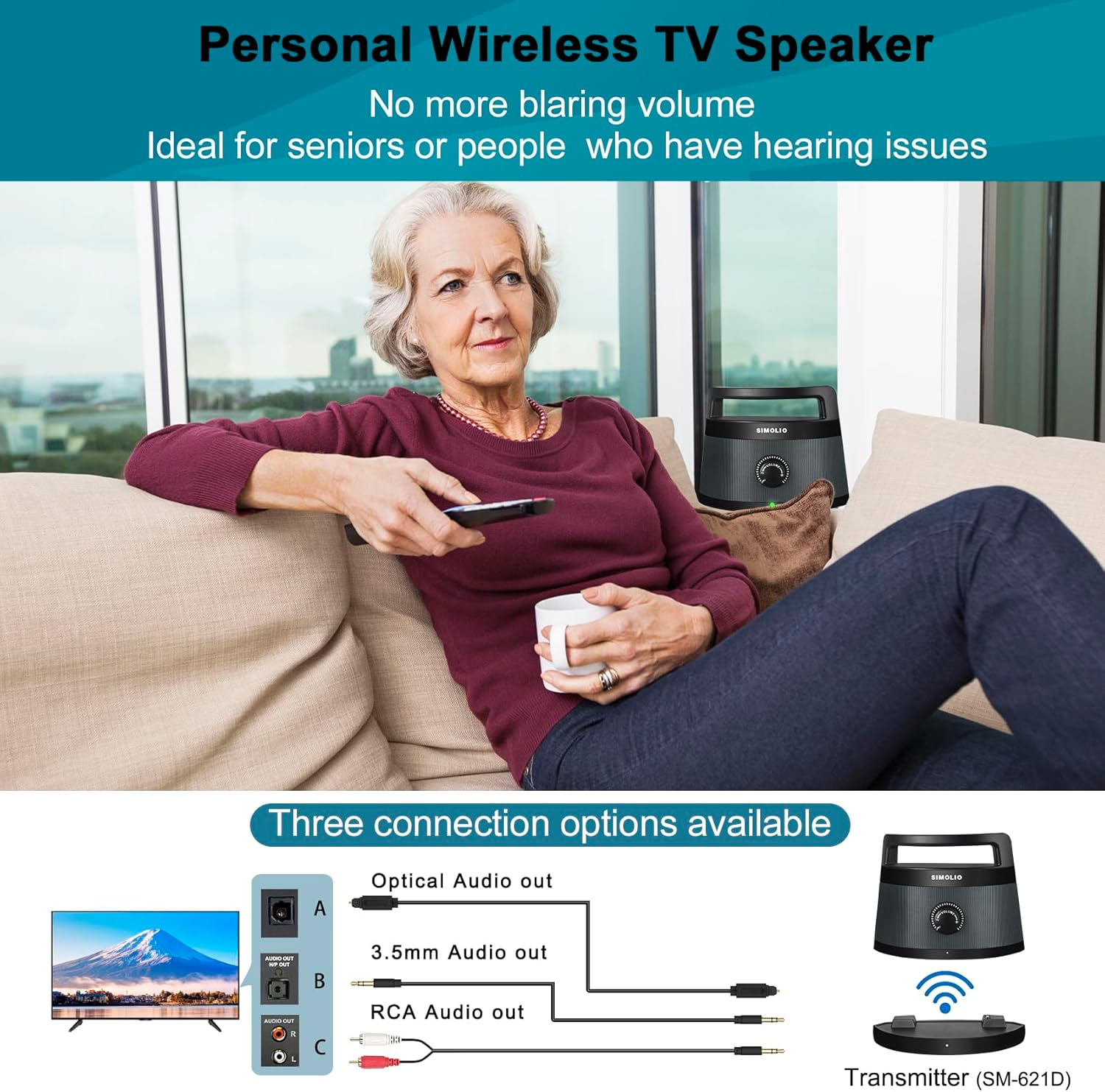 Digital Assisted Hearing Amplifier Wireless TV Speaker with Optical Input TV Audio Assistance Device Portable Speaker for Smart TV Voice Clarify Speaker for Seniors Extra Headset & Adapter SM-621D image number 3