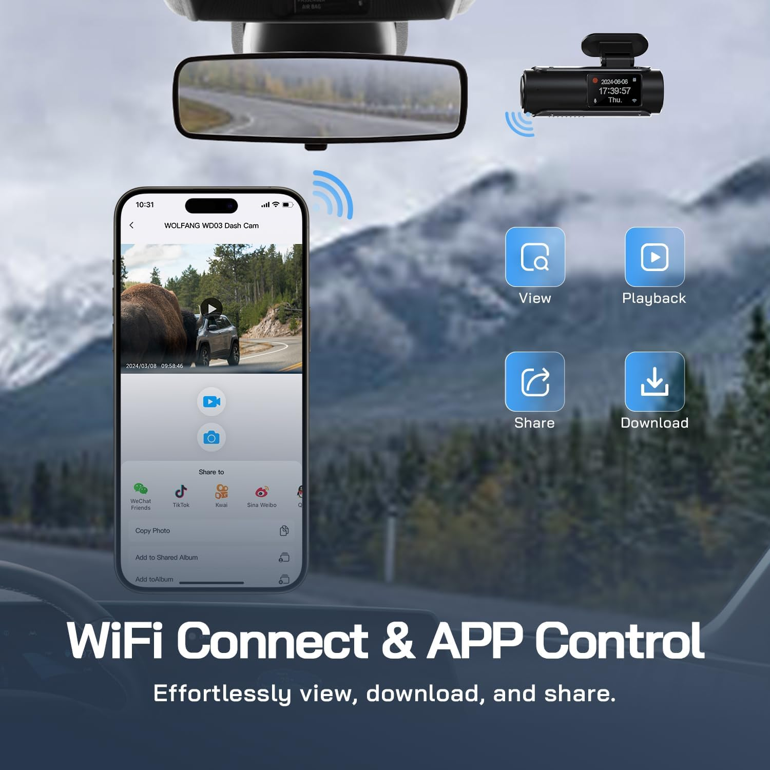 WOLFANG Dash Cam Car Front Rear 4K Wifi Dash Cam with 32GB SD Card, Ultra Night Vision, 170&deg; Wide Angle, WDR, 24 Hours Parking Mode, G-Sensor, Loop Recording image number 5