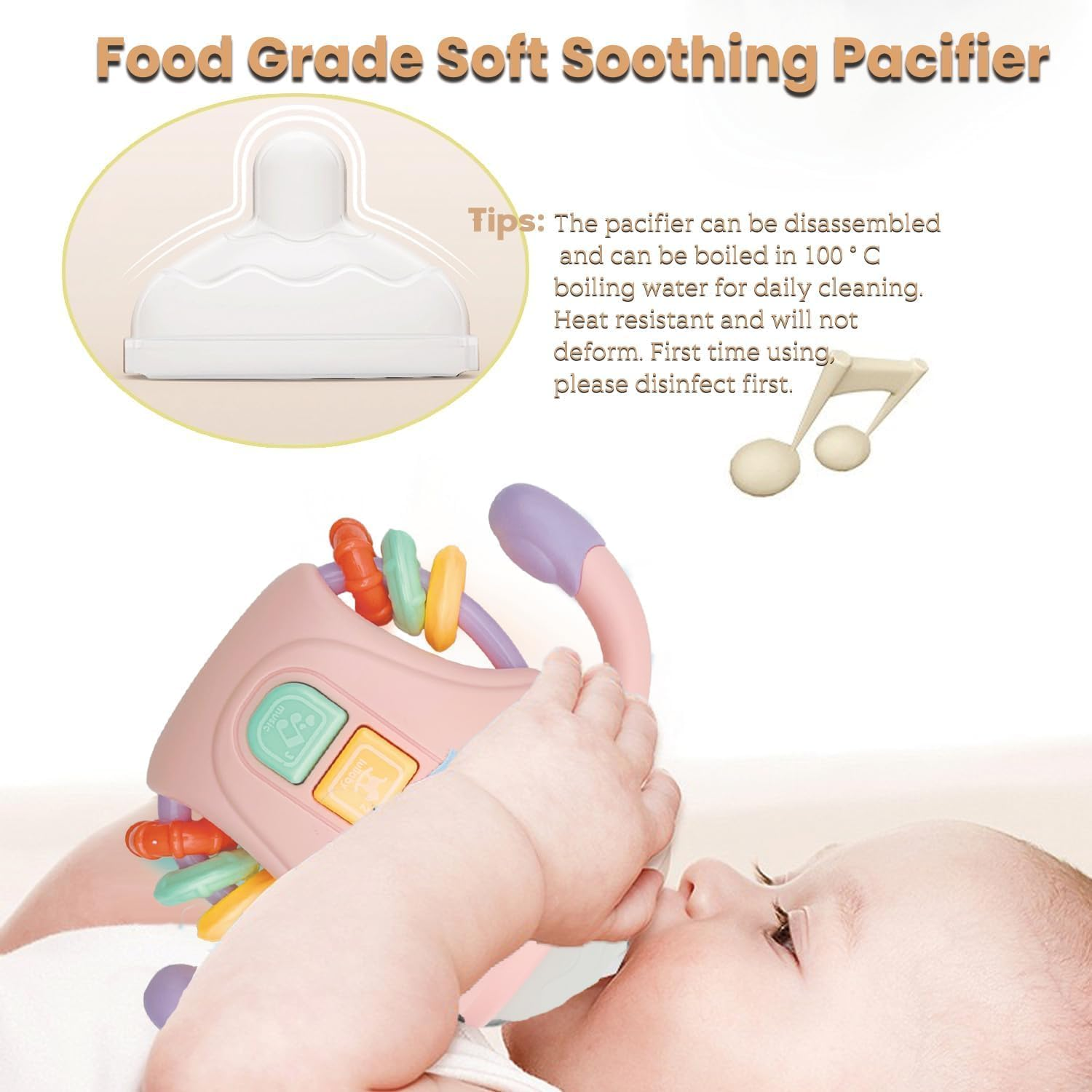 TUNJEJINY Baby Toys for 18 Months Old, Baby Musical Toys Montessori Sensory Learning Toy with Music and Lights, Rattles Grasping Shaker Toy for 18 Months+ Toddler Boys Girls (Pink) image number 1