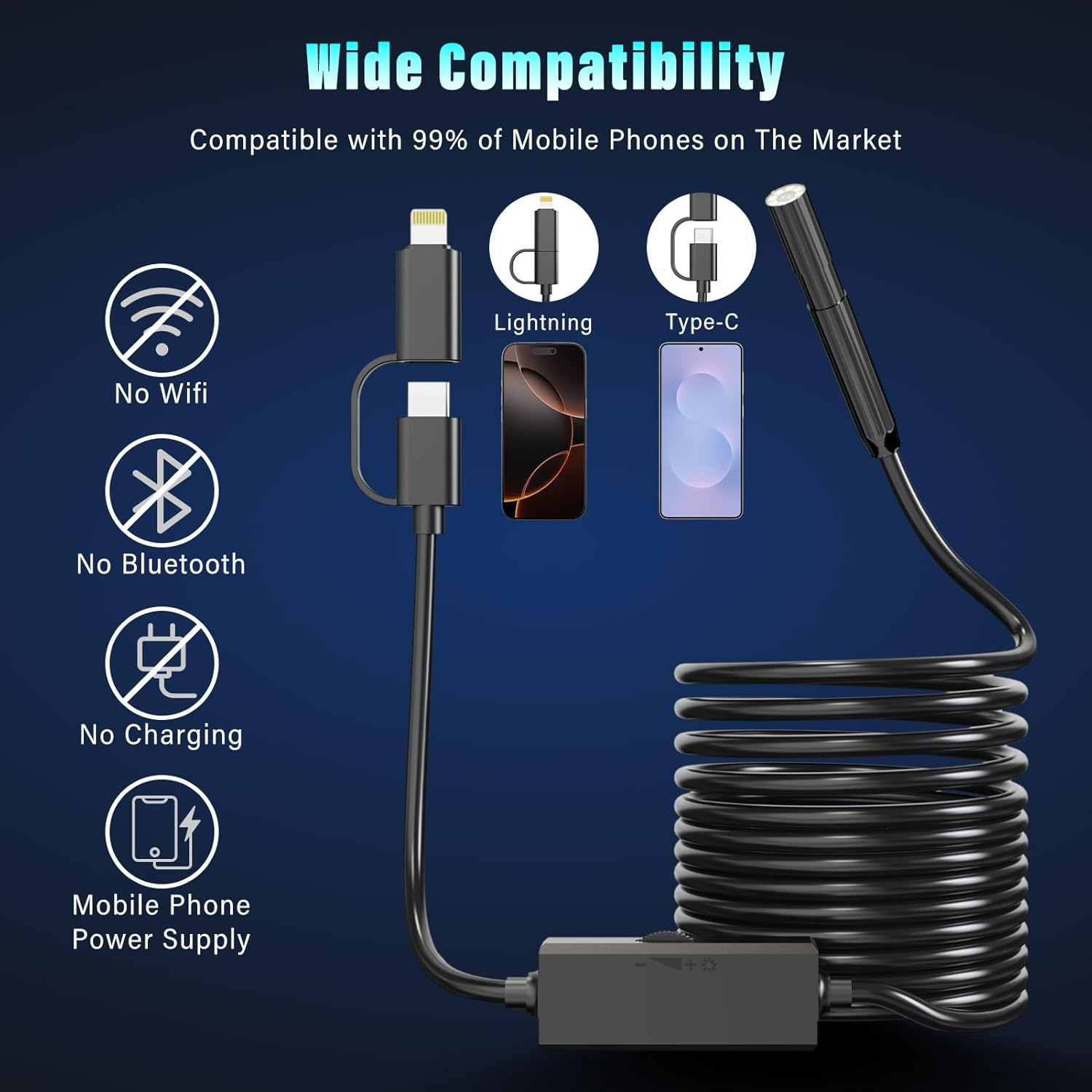 Endoscope Camera with Light, 1920P Dual-Lens HD Borescope Tools with 8 Adjustable LED Lights, 5.5Mm Snake Camera with 16.4Ft Semi-Rigid Cable, IPX67 Waterproof Inspection Borescope for Ios and Android image number 3