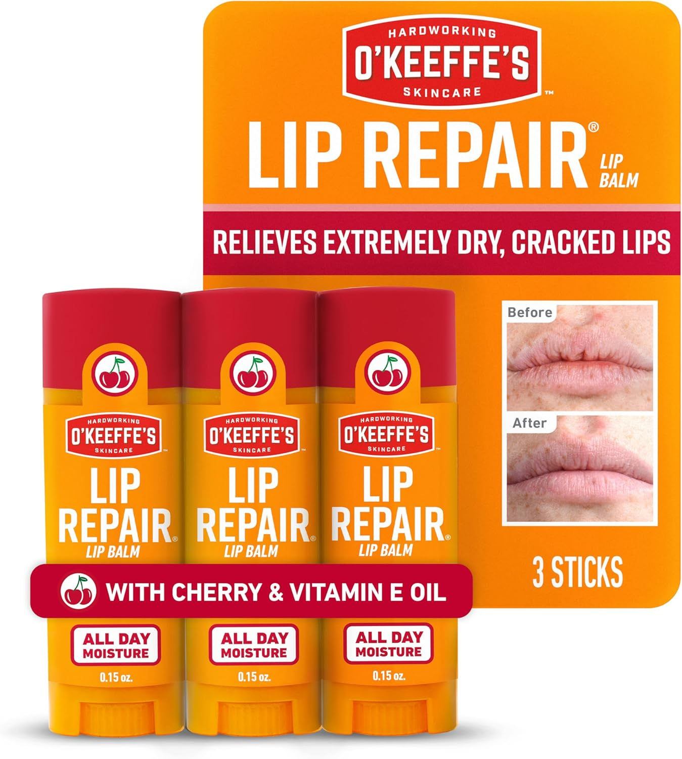 O'Keeffe'S Lip Repair Lip Balm with Cherry & Vitamin E Oil - Stick (3 Pack) - Moisturizer for Extremely Cracked, Dry Lips image number 1