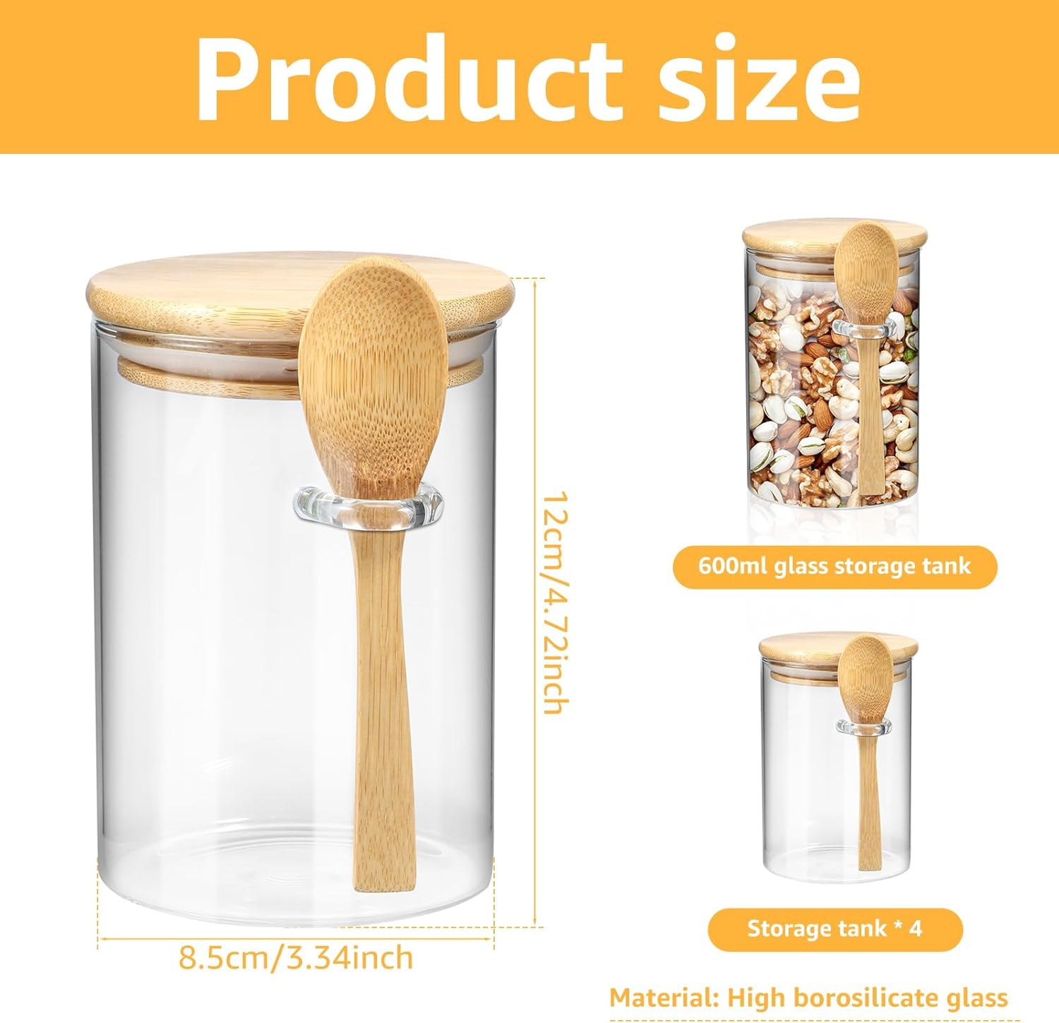 4Pcs Glass Jars with Bamboo Lids and Spoons 600ML Airtight Spice Jars Clear Glass Storage Jars Multipurpose Food Storage Containers Dishwasher Safe Glass Jars for Coffee Cereal Spices image number 4