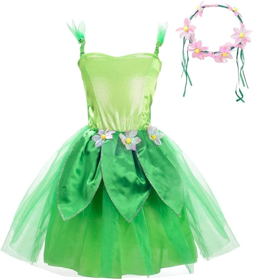 Dressy Daisy Green Fancy Fairy Costume with Flower Wreath Headband for Toddler Little Kids Girls Halloween Birthday Party Dress up Size 2 to 10