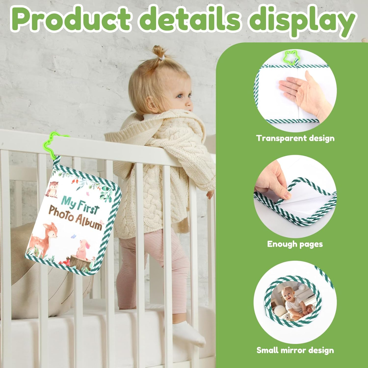 Baby'S My First Family Album,Soft Cloth Baby Photo Album with Safe Mirror,Cute Toddler Family Memory Book Present Holds 17 4X6'' Pictures for Kids Newborn Toddlers (Green) image number 3