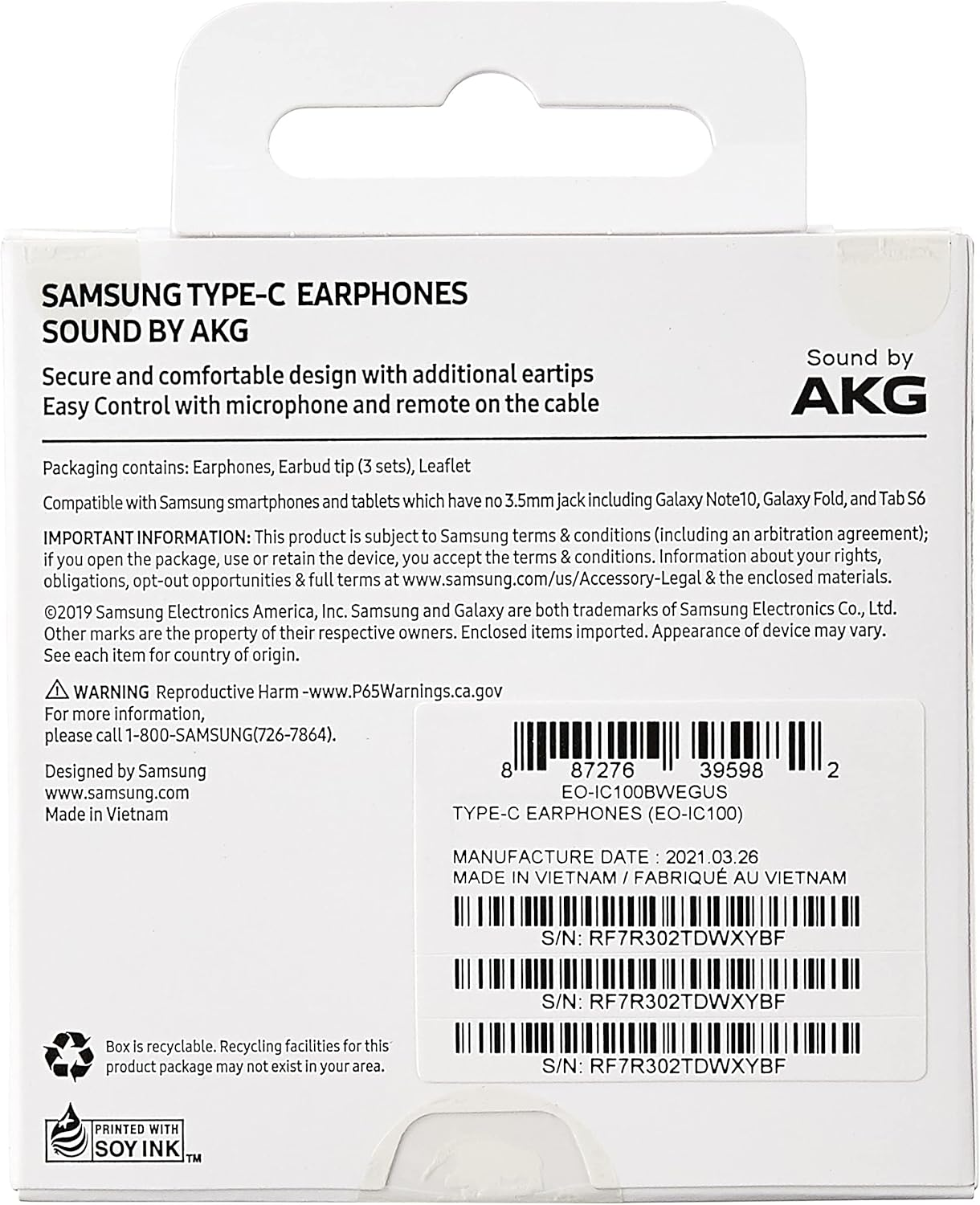 Samsung Corded Type-C Earphones, White (EO-IC100BWEGUS) image number 1