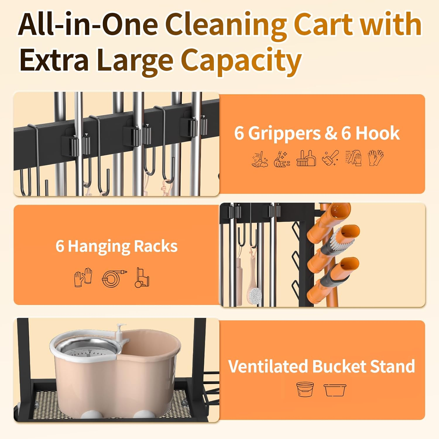 Broom Holder with Cleaning Supplies Organizer Load 160 LBS Cleaning Cart with Wheels Broom Closet Storage with 6 Mop Hanger Grippers, 3 Double-Hooks, Vacuum Stand for Laundry Garage Organization image number 2