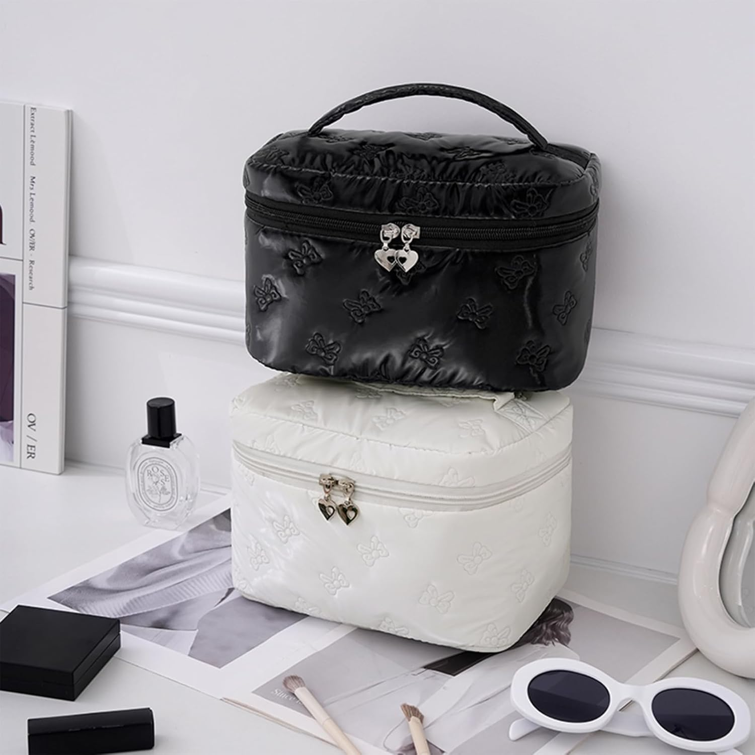 Makeup Bag，3 PCS Cosmetic Bags Set，Large Capacity Quilted Makeup Bag for Women with Bow Butterfly Pattern，Cute Cotton Makeup Bag Set，Waterproof Travel Toiletry Organizer Bag (Black) - Purple image number 4