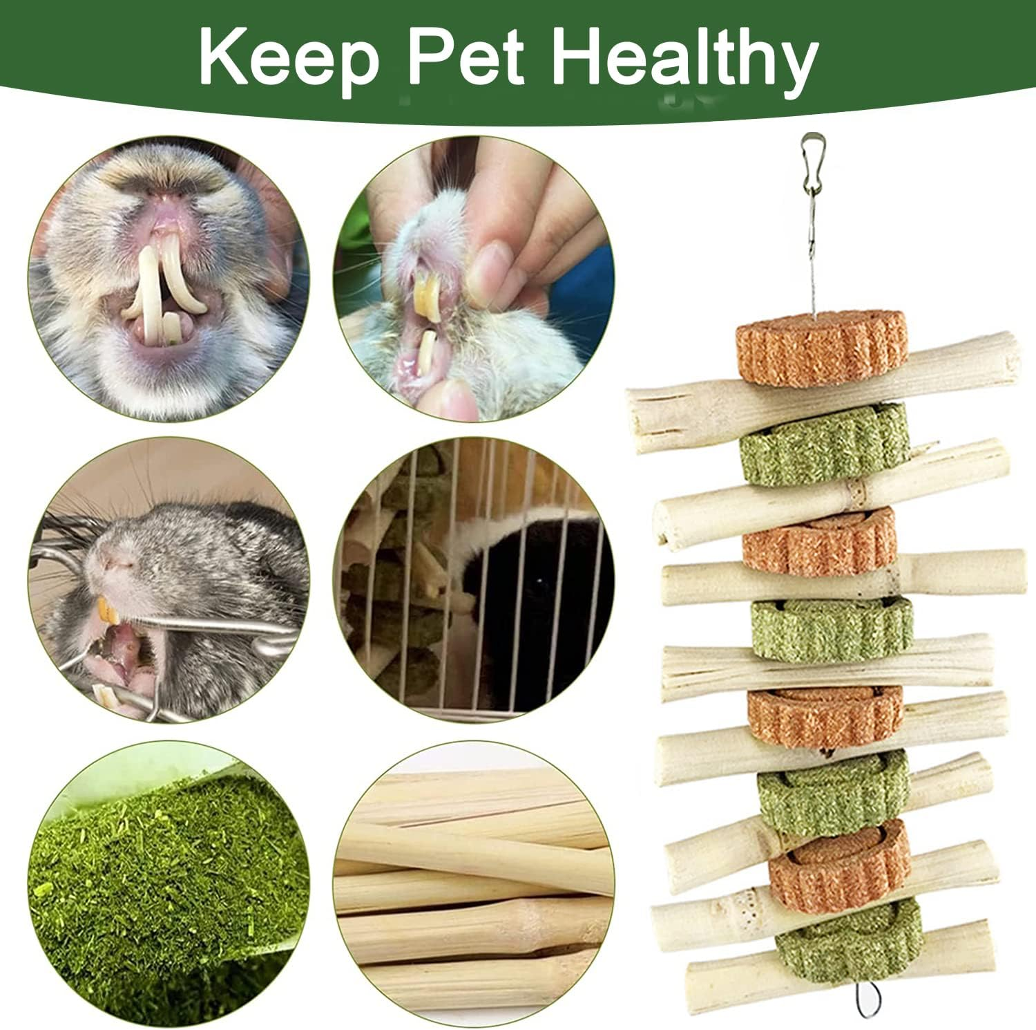 AMOMYDOG Rabbit Accessories, Pack of 2 Natural Rabbit Chew Toy, Cute Bamboo with Natural Grass Cake, Carrot Molar Toy for Rabbits, Guinea Pigs, Hamsters, Small Animals (Grass Cake)