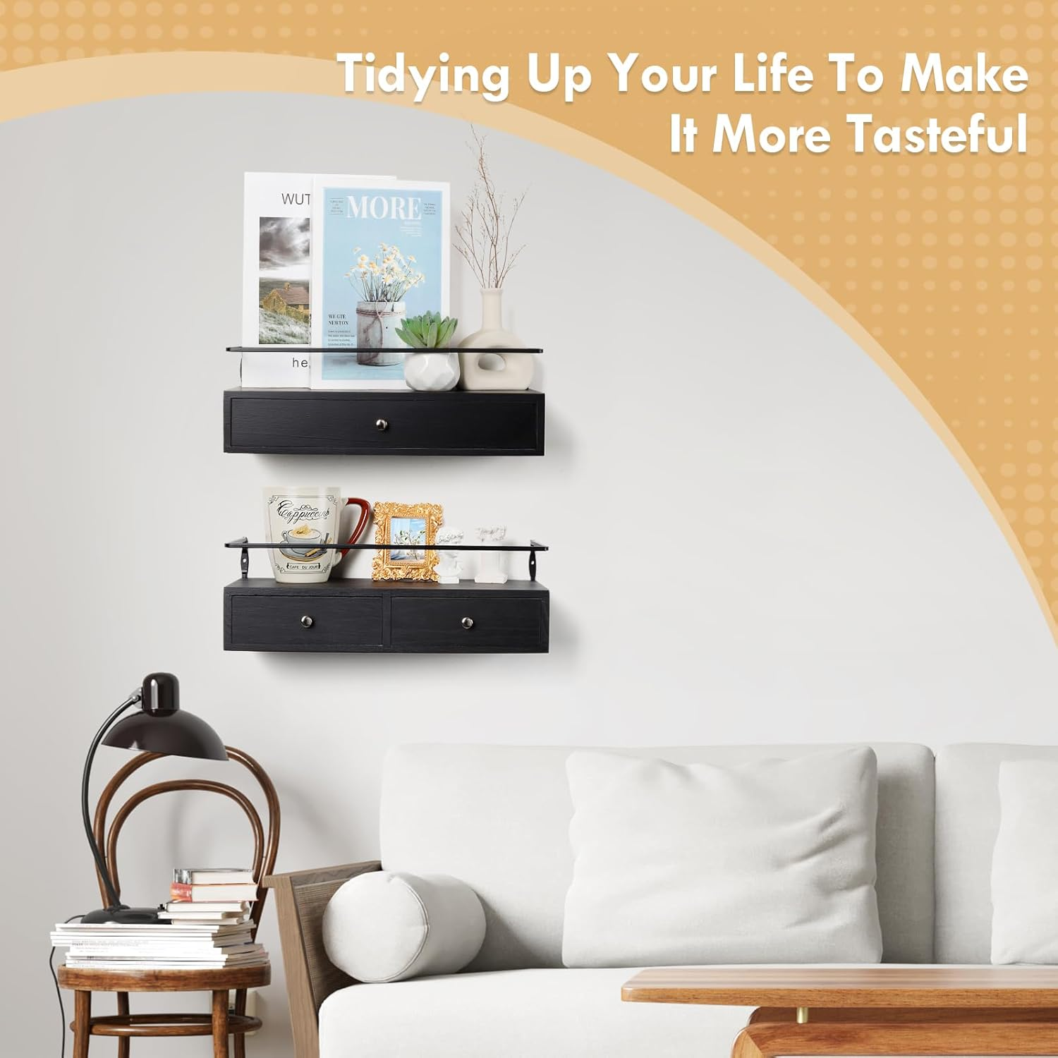 Floating Shelves for Wall Decor Storage, Wall Mounted Bathroom Shelf, Rustic Wood Wall Shelves with Drawers Set of 2 - for Home Decor, Bathroom and Room Decor, Kitchen Storage (Black) image number 5