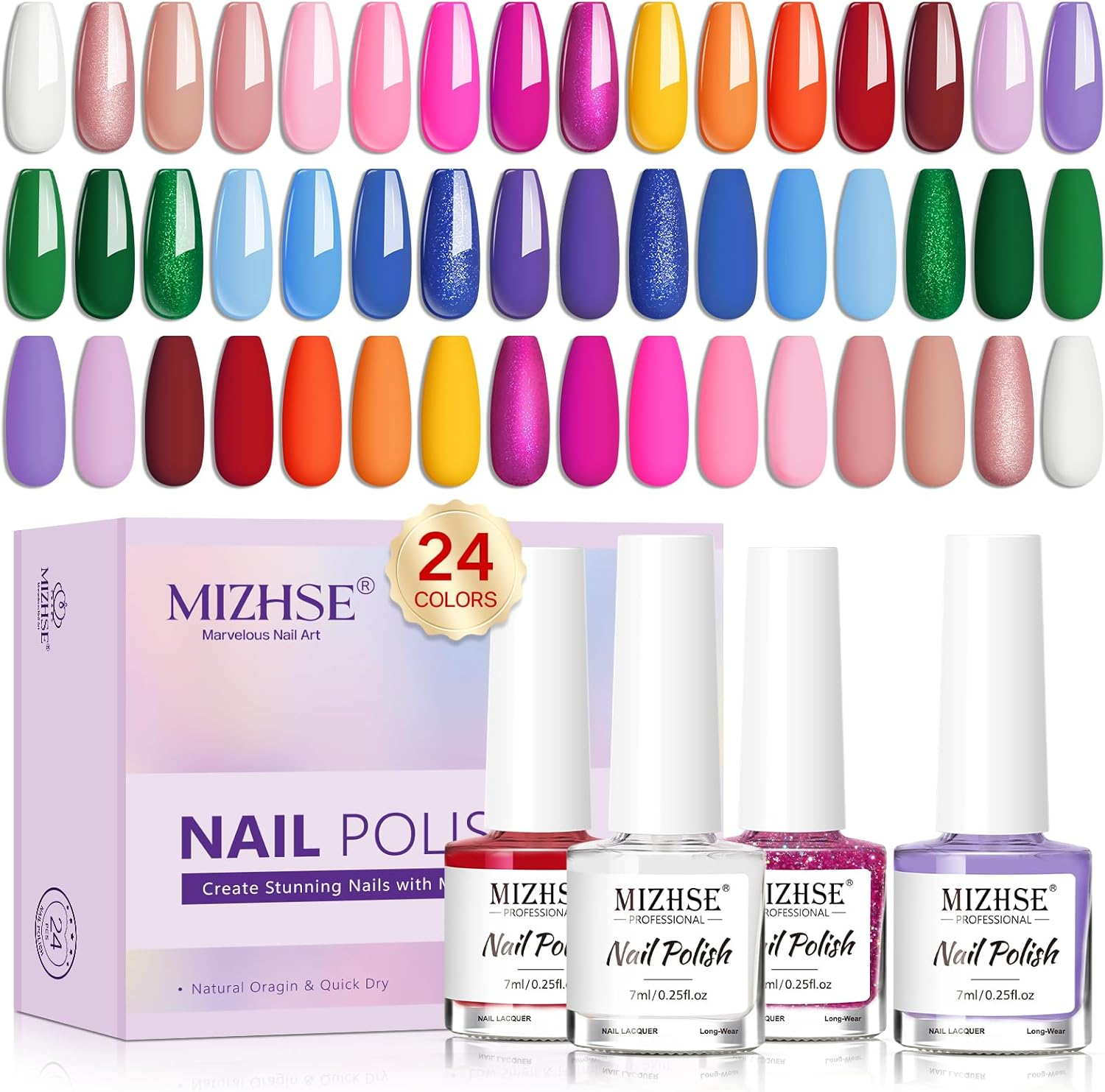 MIZHSE Quick Dry Nail Polish Set, 24 Colors Regular Nail Polish Non Gel, Air Dry Fast Neon Trendy Glitter Nail Lacquer Oil-Based Long Lasting Fingernail Home DIY Set for Women image number 6