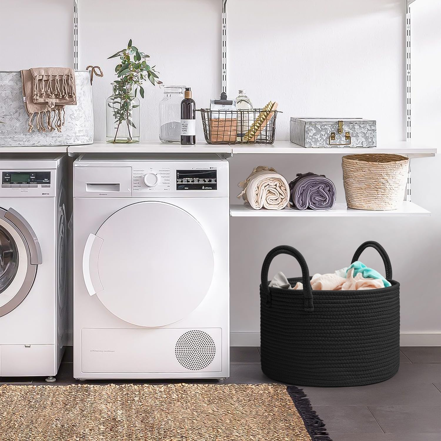 Woven Cotton Rope Laundry Basket 40 X 25Cm Woven Clothes Storage Basket 32L Decorative Cotton Rope Blanket Basket Collapsible Laundry Hamper with Handle, for Laundry Room(Black) image number 2