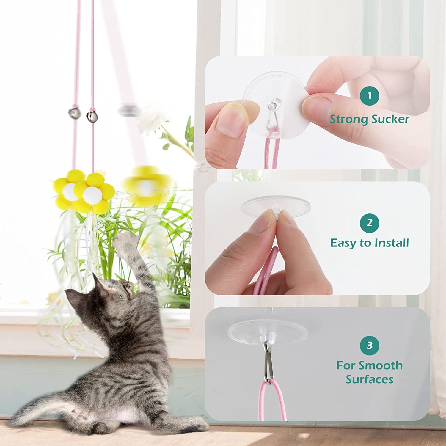 Geeric 5 Pack Interactive Cat Feather Toys, Over-The-Door Cat Toys Retractable Cat Teaser Toy Hanging Interactive Cat Toys for Indoor Cats Kitten Play Chase Exercise Interactive Elastic Rope Cat Teasers