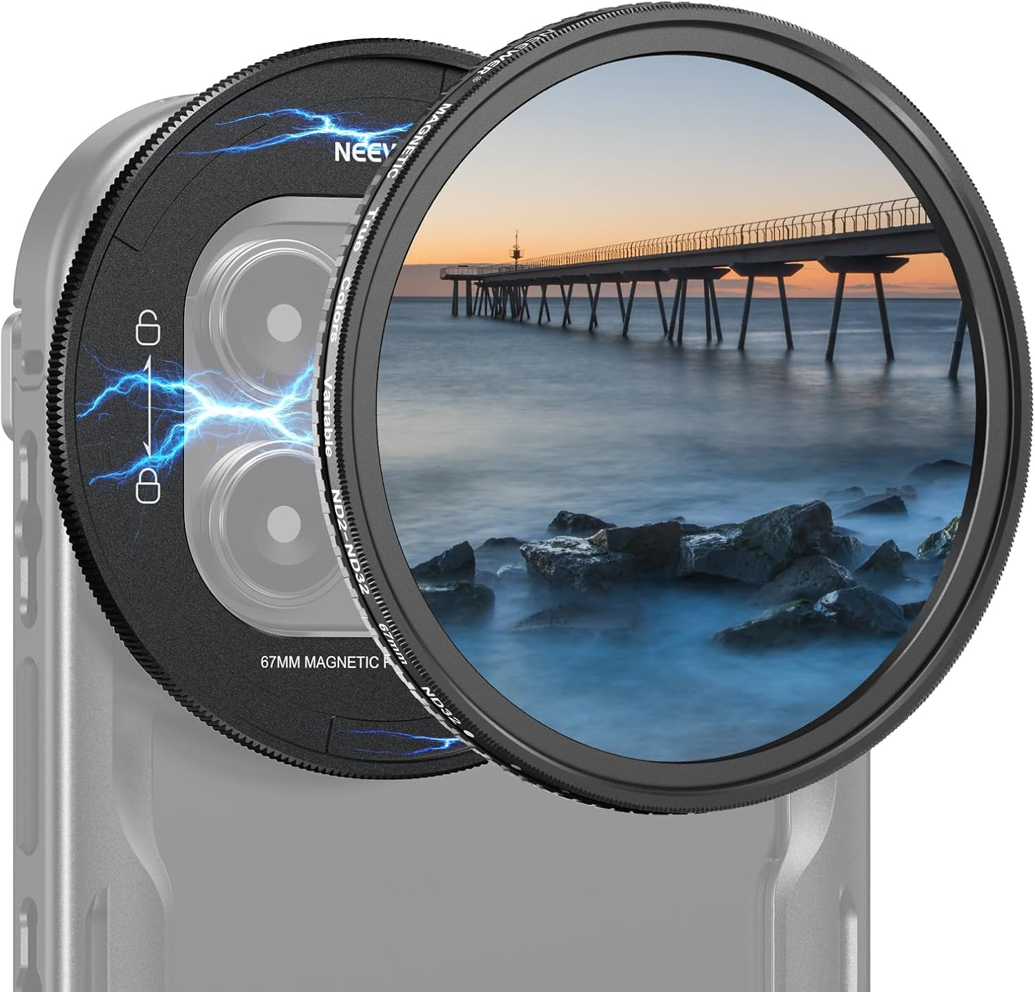 NEEWER 67Mm Magnetic ND Filter Set, Variable ND2-32 (1-5 Stops) Multicoated HD with Magnetic Filter Backplate Adapter, Compatible with Iphone 16 Pro/16 Pro Max Phone Cage Video Rig (PA073/PA074) image number 1
