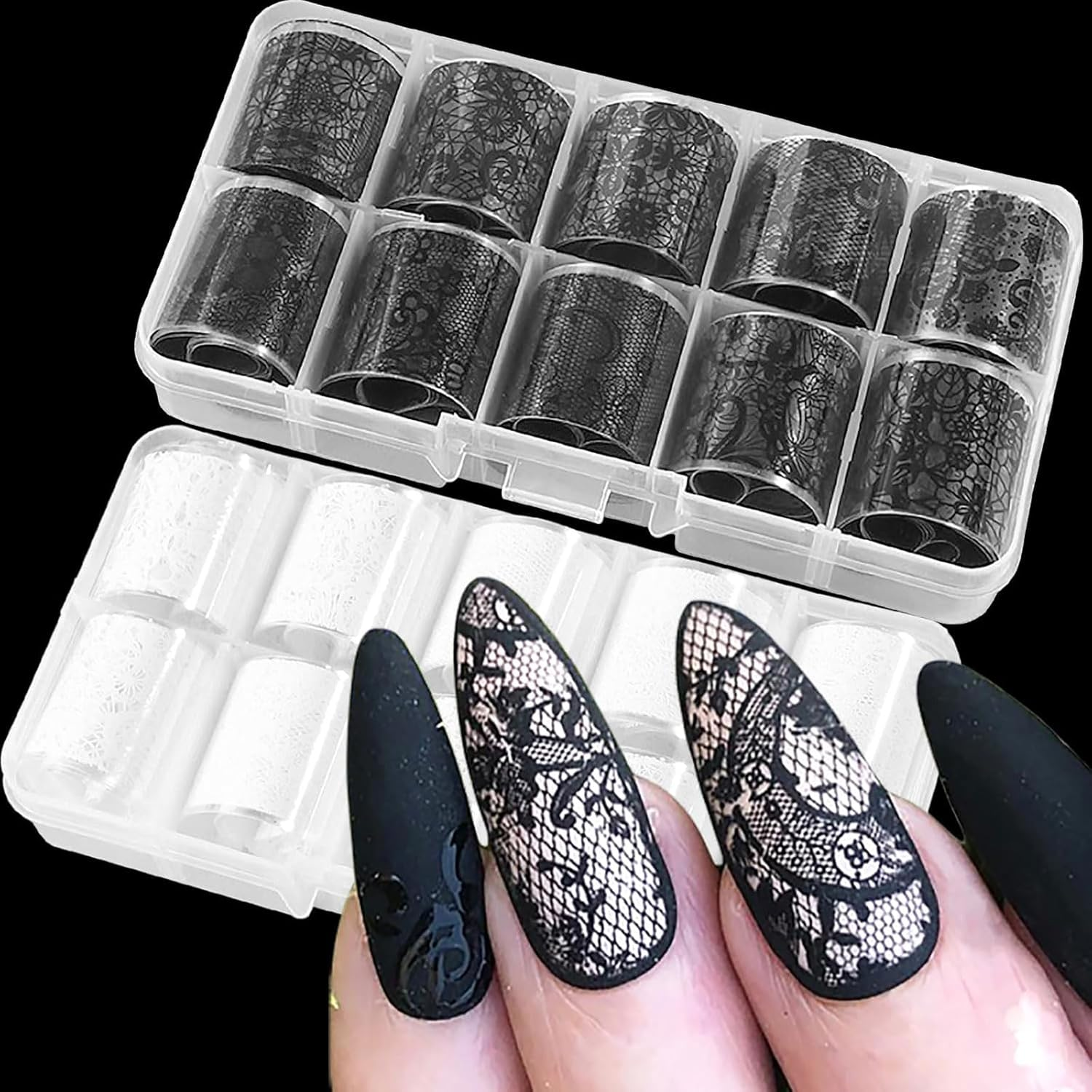 20 Rolls Lace Nail Foil White and Black Nail Transfer Foil Flower Nail Art Foils Decals Holographic Foils for Nails Manicure Stickers for DIY Acrylic Nails Decoration image number 2