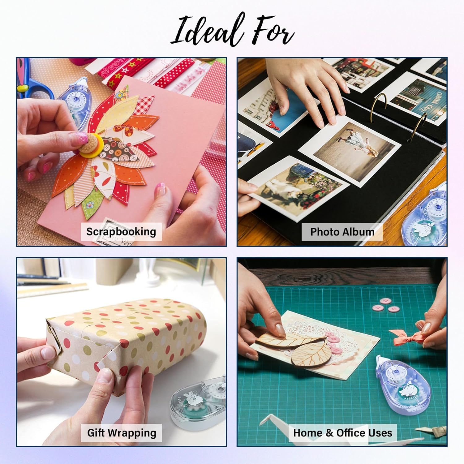 JR.WHITE 4 Pack Double-Sided Adhesive Tape Roller, Glue Tape Roller for Scrapbooking, Crafts Scrapbook Supplies, Home School Office Supplies (0.315 Inch X 26.25 Feet) image number 3