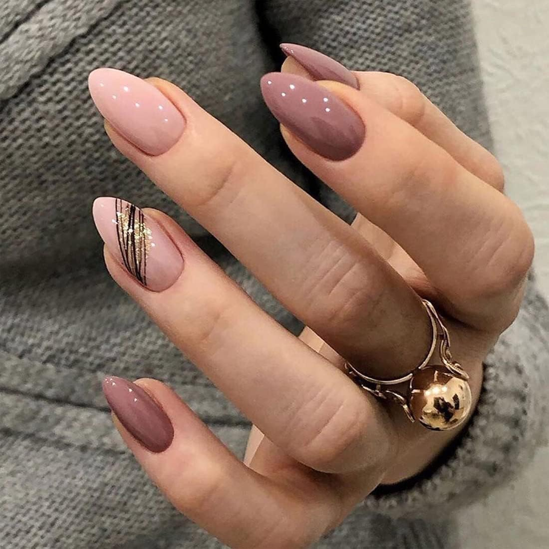 Almond Oblique Gold Thread French Designs 24 Pcs Cute Pointed Oval Shape Press on Nails Pink Full Coverage Short Length Fake False Nails, Art for Women and Girls Stick on Nails image number 6