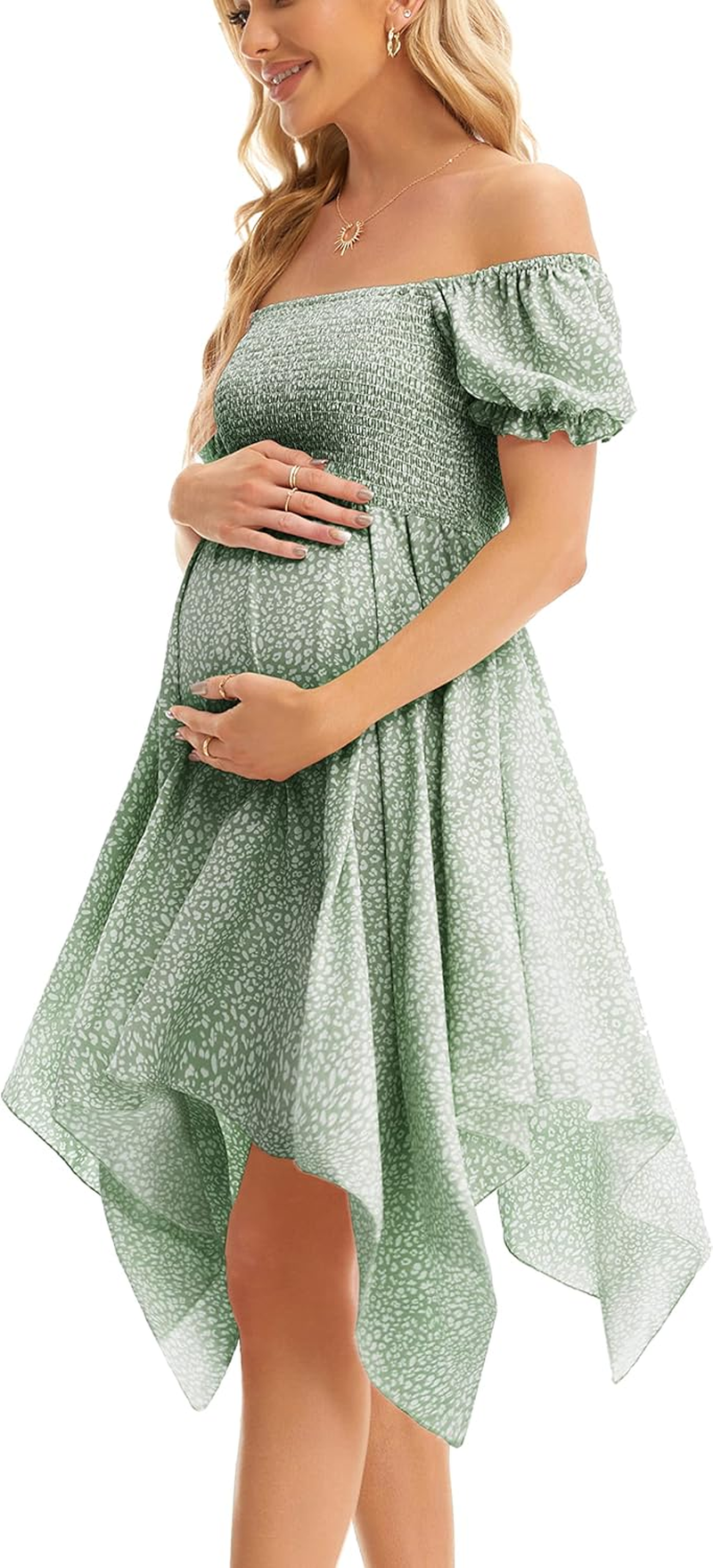 Maternity Summer Short Puff Sleeve Floral Maternity Dress, Square Neck Flowy Irregular Hem Baby Shower Dress