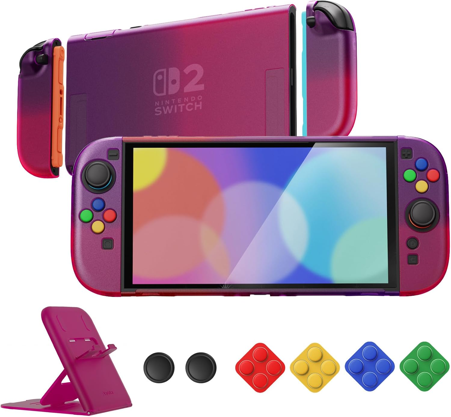 Playvital Clear Series Protective Case for Nintendo Switch 2, Anti-Scratches Hard Shell Dockable Grip Cover with Extra Foldable Stand & Thumb Grips for Nintendo Switch 2 - Clear Atomic Purple Rose