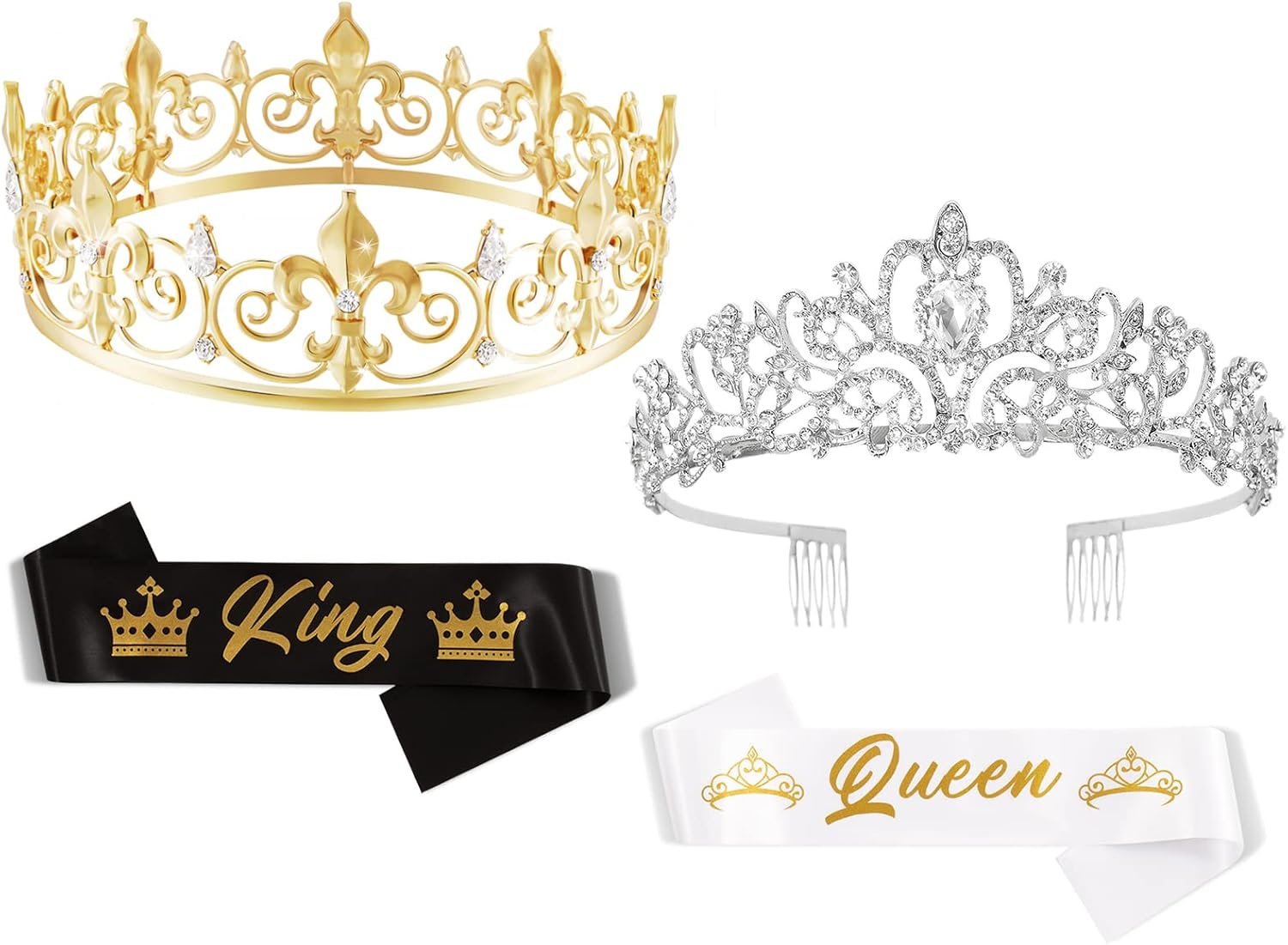 2Pack Prom King and Queen Crowns for Men Women Kings Crown Metal Crystal Tiara Crown for Women Men Bridegroom Bride Princess for Birthday Wedding Halloween