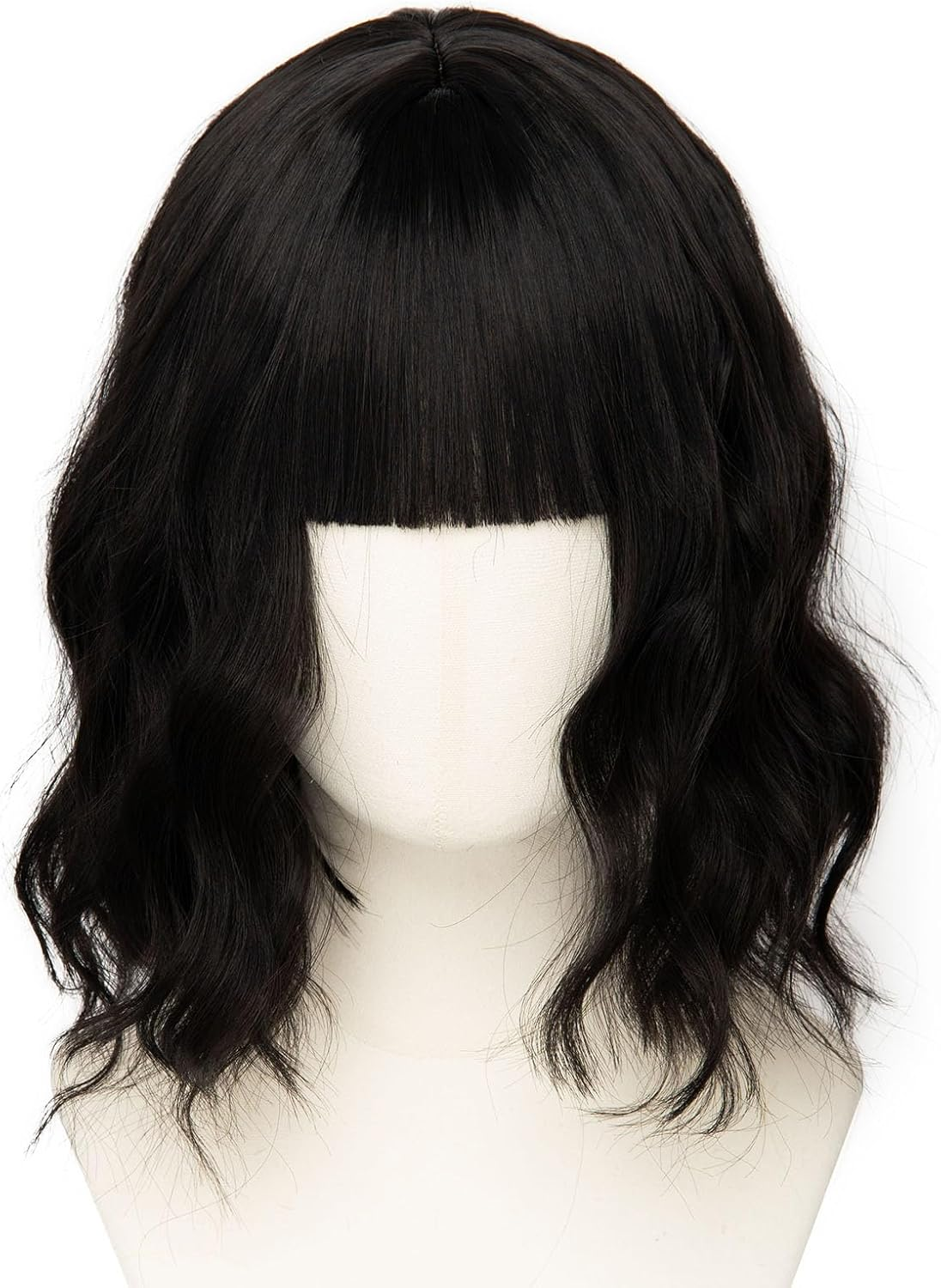 Luxiremi Wigs, Washed Black, 12 Inches, Short, Shoulder Length, Curly, Wavy Bob with Fringe, Synthetic Cosplay Wigs for Women, Carnival image number 3