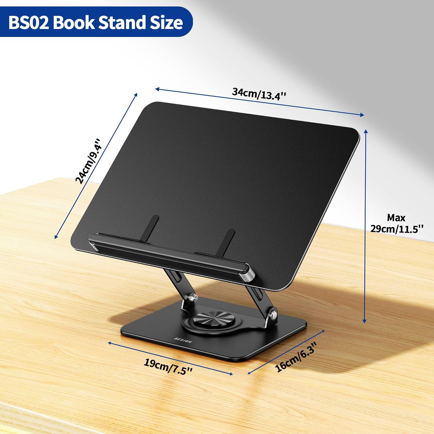 BESIGN BS02 Book Stand for Reading, Adjustable Book Holder, Ergonomic Laptop Stand with Elastic Page Clips for Music Scores, Recipe, Tablet, Laptop (Black)