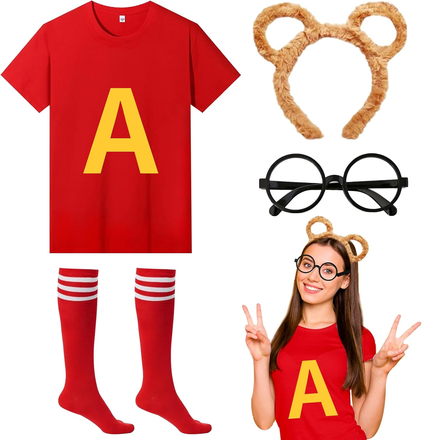 4Pcs Chipmunks Costumes Set with Chipmunk Headbands Glasses T-Shirt Soccer Socks, Chipmunks Fancy Dress Outfit Party Animal Cosplay for Adults Teens World Book Day Halloween Party Dress Up