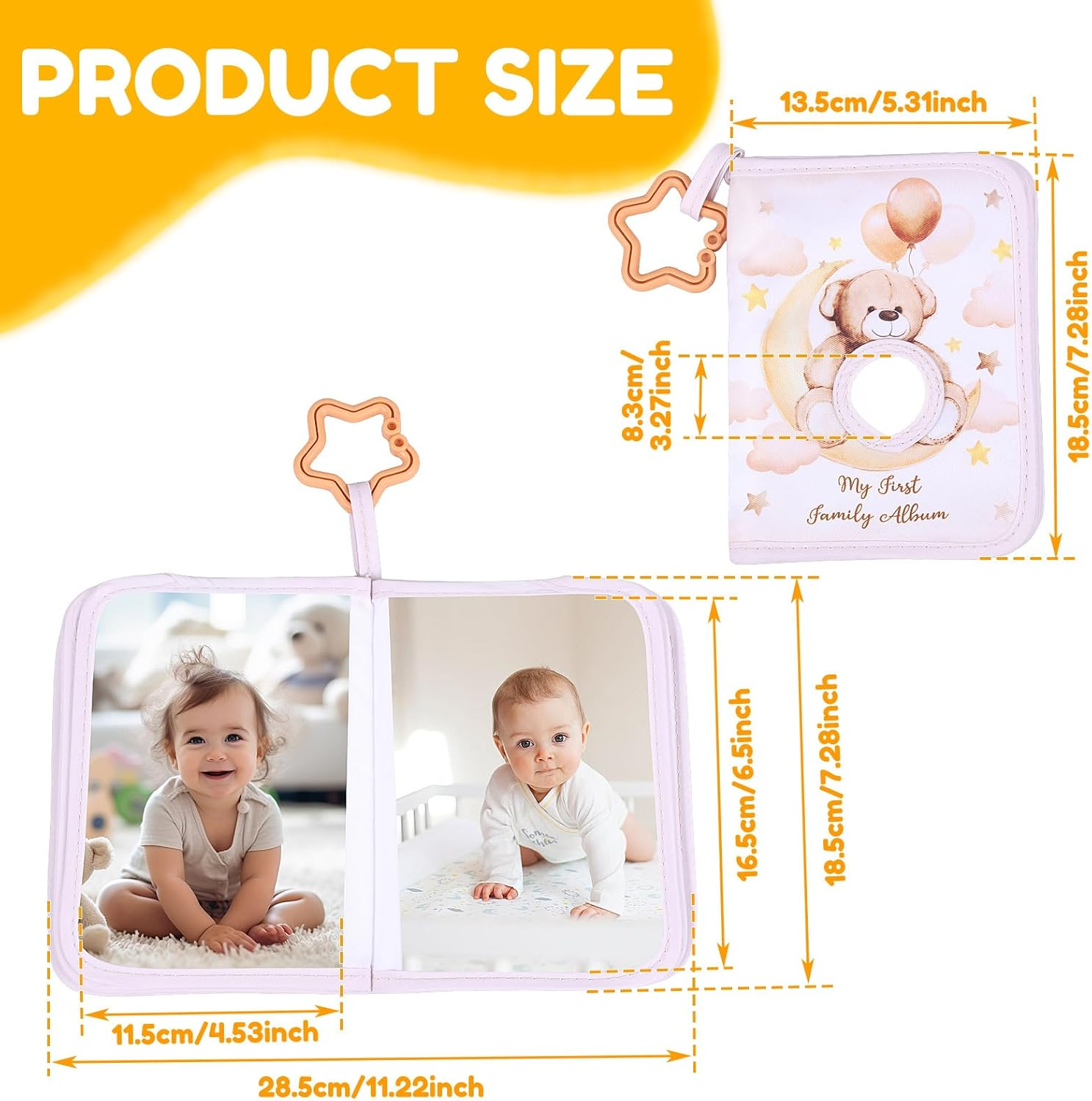 Soft Cloth Baby Photo Album Safe Baby Memory Album Book with Mirror Cute Toddler Family Memory Picture Book Holds 17 Pictures for Kids Newborn Toddlers (Khaki) - Yellow image number 6