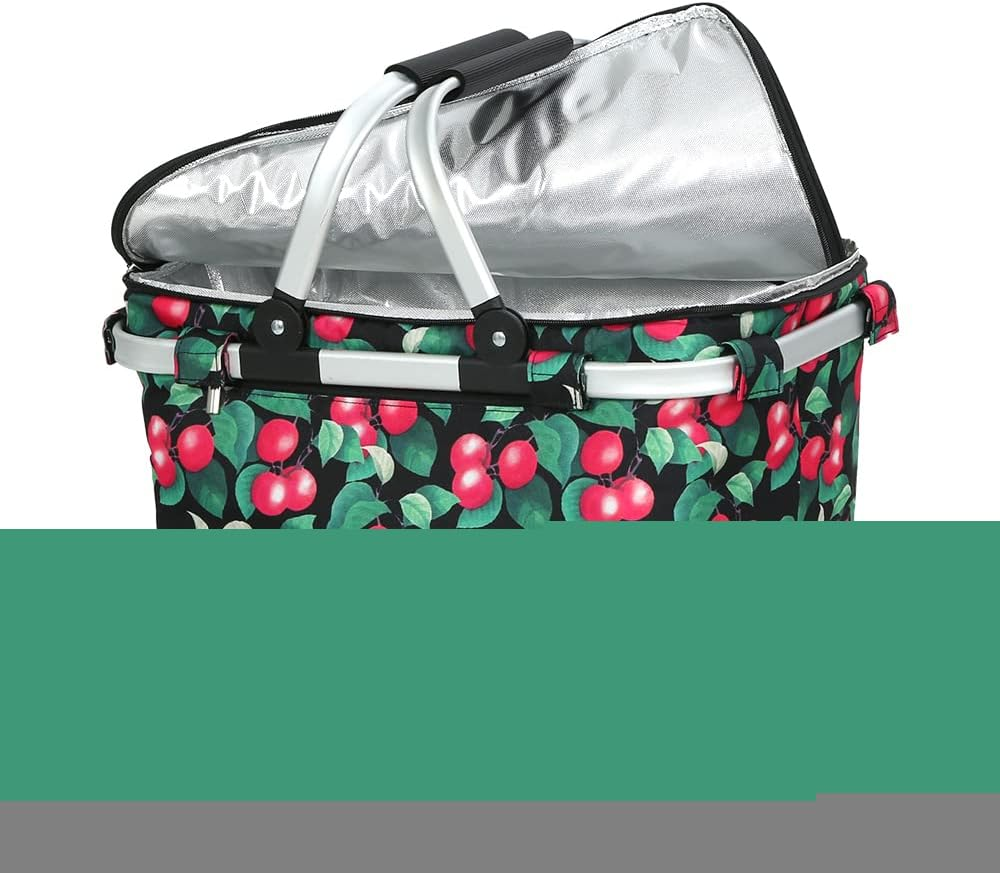 Alfresco Picnic Basket Bag, Insulated Collapsible Outdoor Food Storage Baskets Bags Cooler Hamper Camping Travel Hiking Beach Picnics, with Zippered Side Pocket Lightweight Aluminium Red Green image number 2
