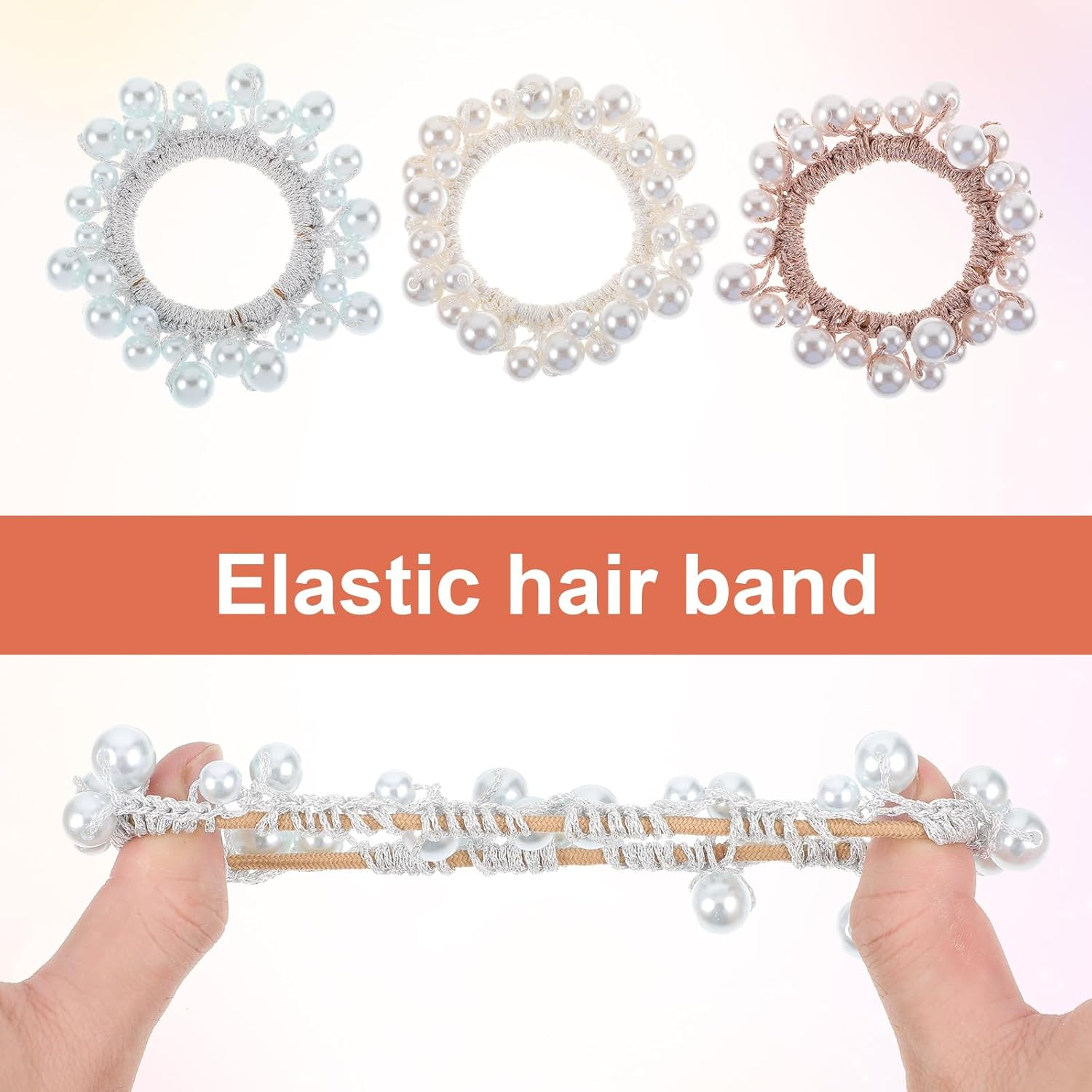 Pearl Hair Ties for Women, Elastic Beaded Hair Scrunchies Bling Ponytail Holders, Fake Pearl Hair Accessories Stylish Hair Rope for Girls Thick Thin Hair Braids (White, Blue, Rose Gold)